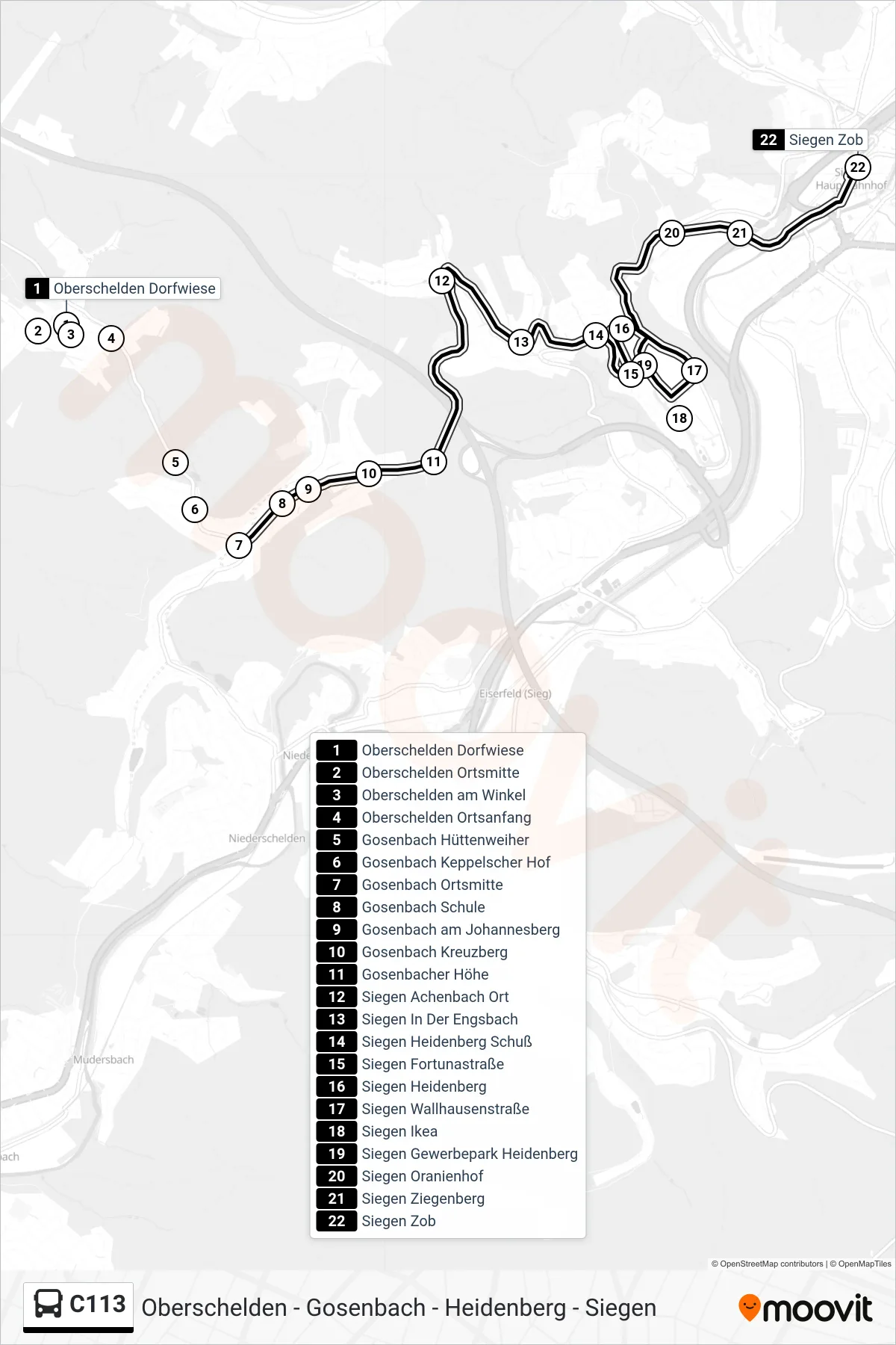C113 bus Line (Siegen Zob Bstg E) route and stops on a map