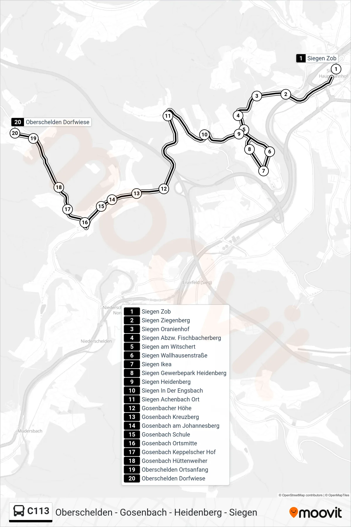 C113 bus Line (Oberschelden Dorfwiese) route and stops on a map