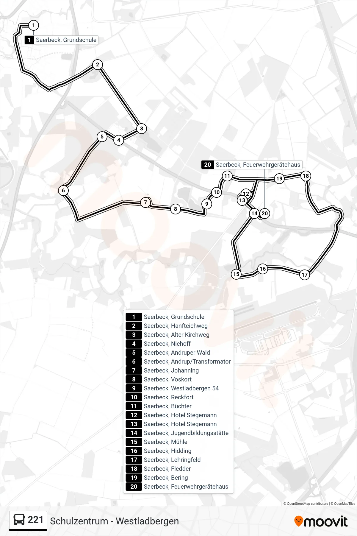 221 bus Line (Saerbeck, Feuerwehrgerätehaus) route and stops on a map