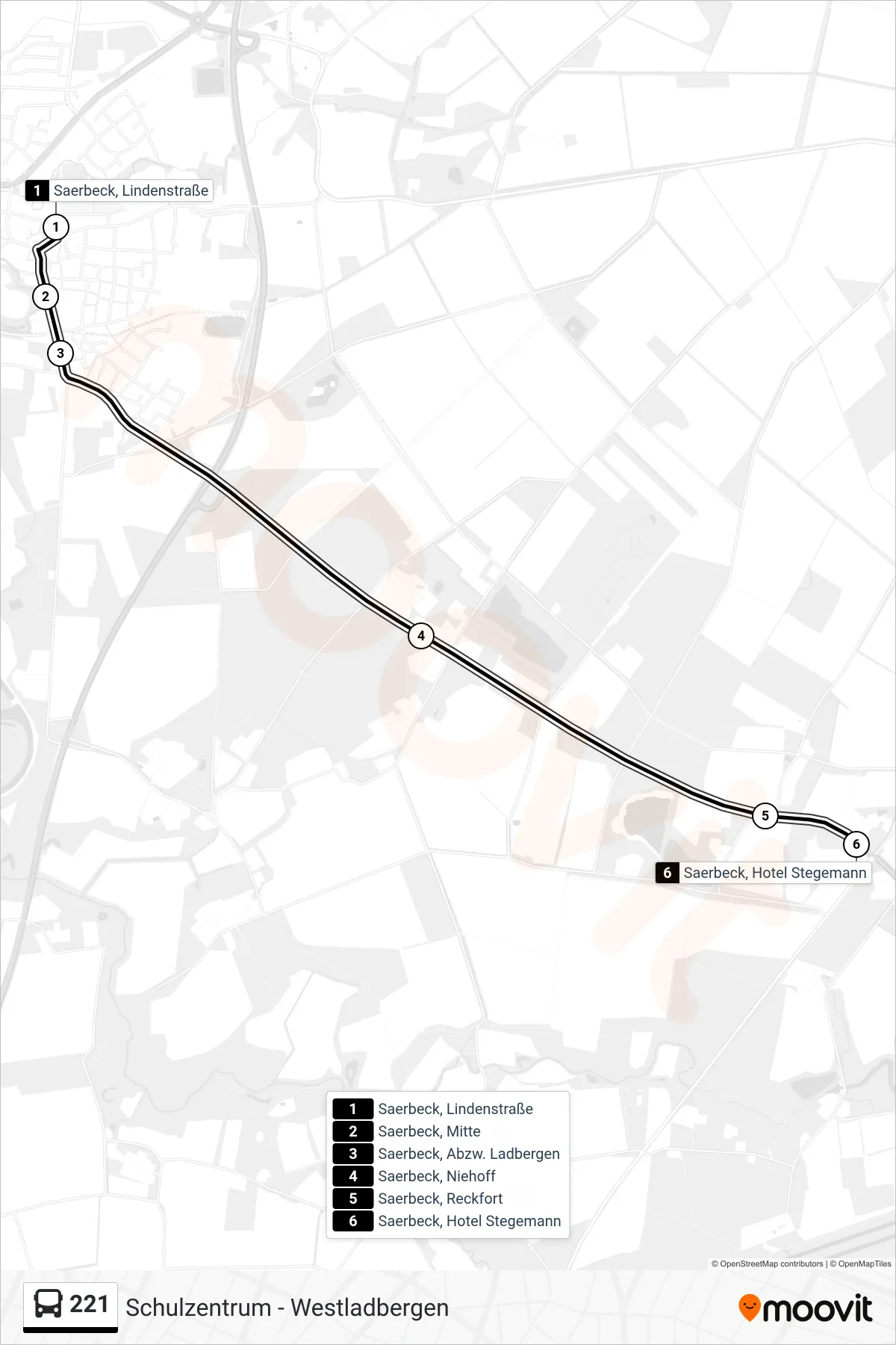 Linie 221 (Bus) Richtung Saerbeck, Hotel Stegemann: Route und Haltestellen auf der Karte