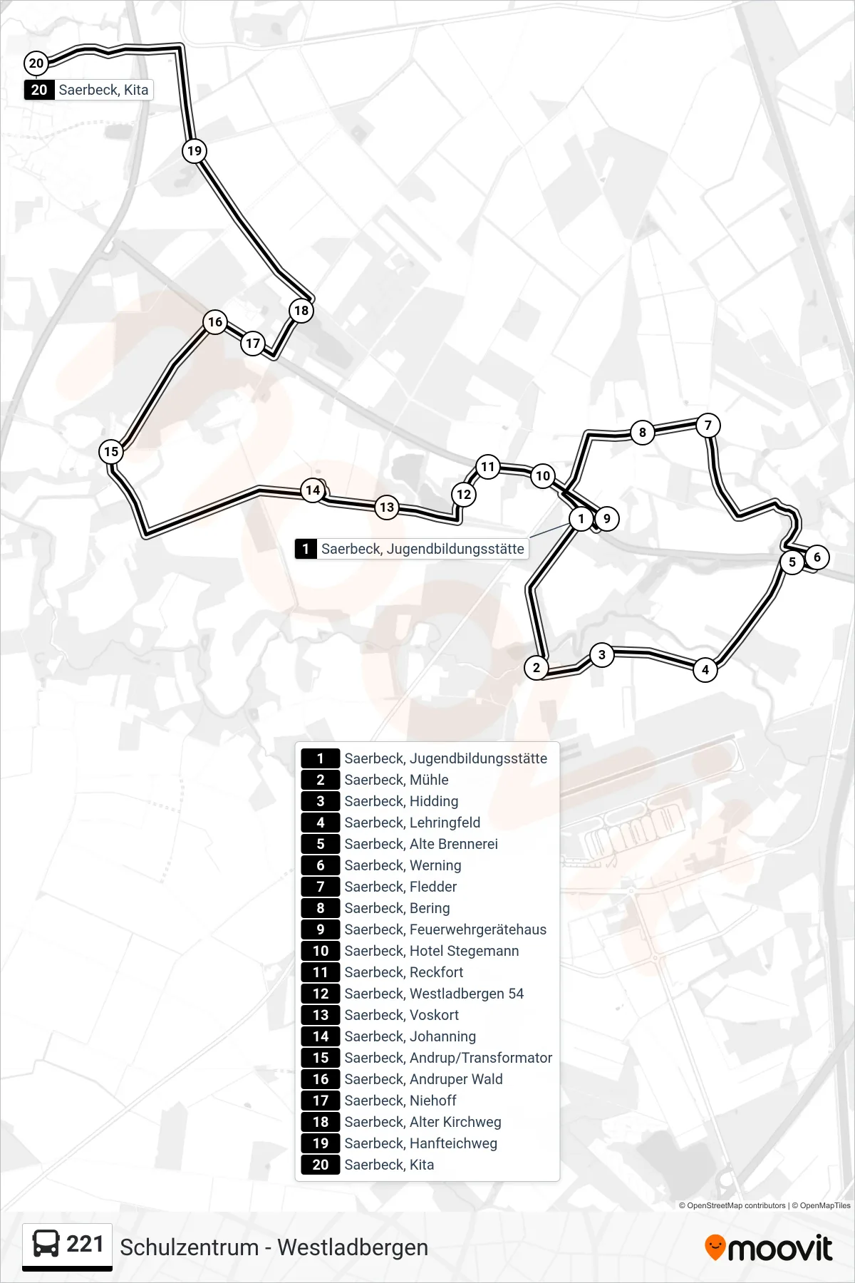 Linie 221 (Bus) Richtung Saerbeck, Kita: Route und Haltestellen auf der Karte