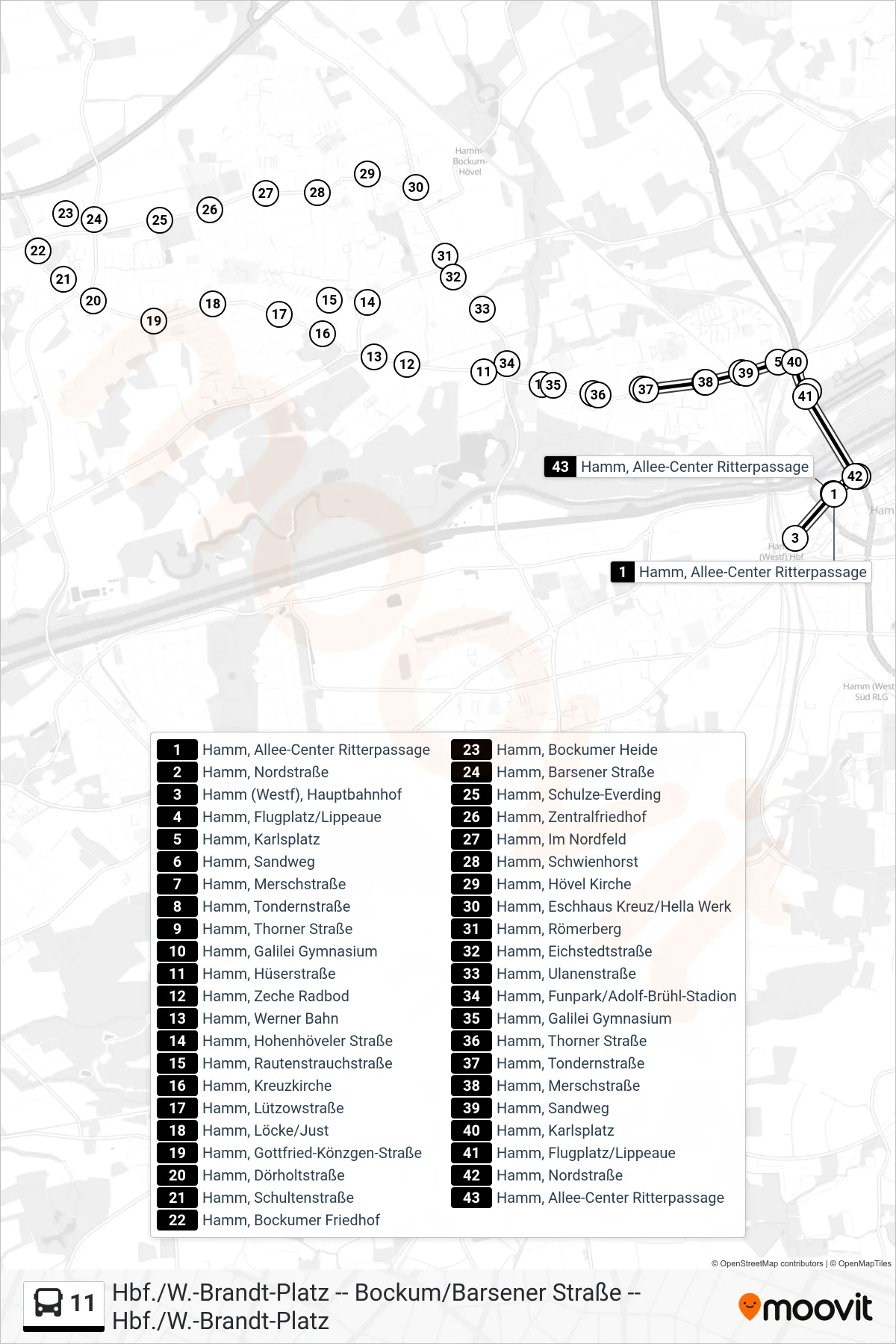 Linie 11 (Bus) Richtung Hamm (Westf), Hauptbahnhof Bstg 6: Route und Haltestellen auf der Karte