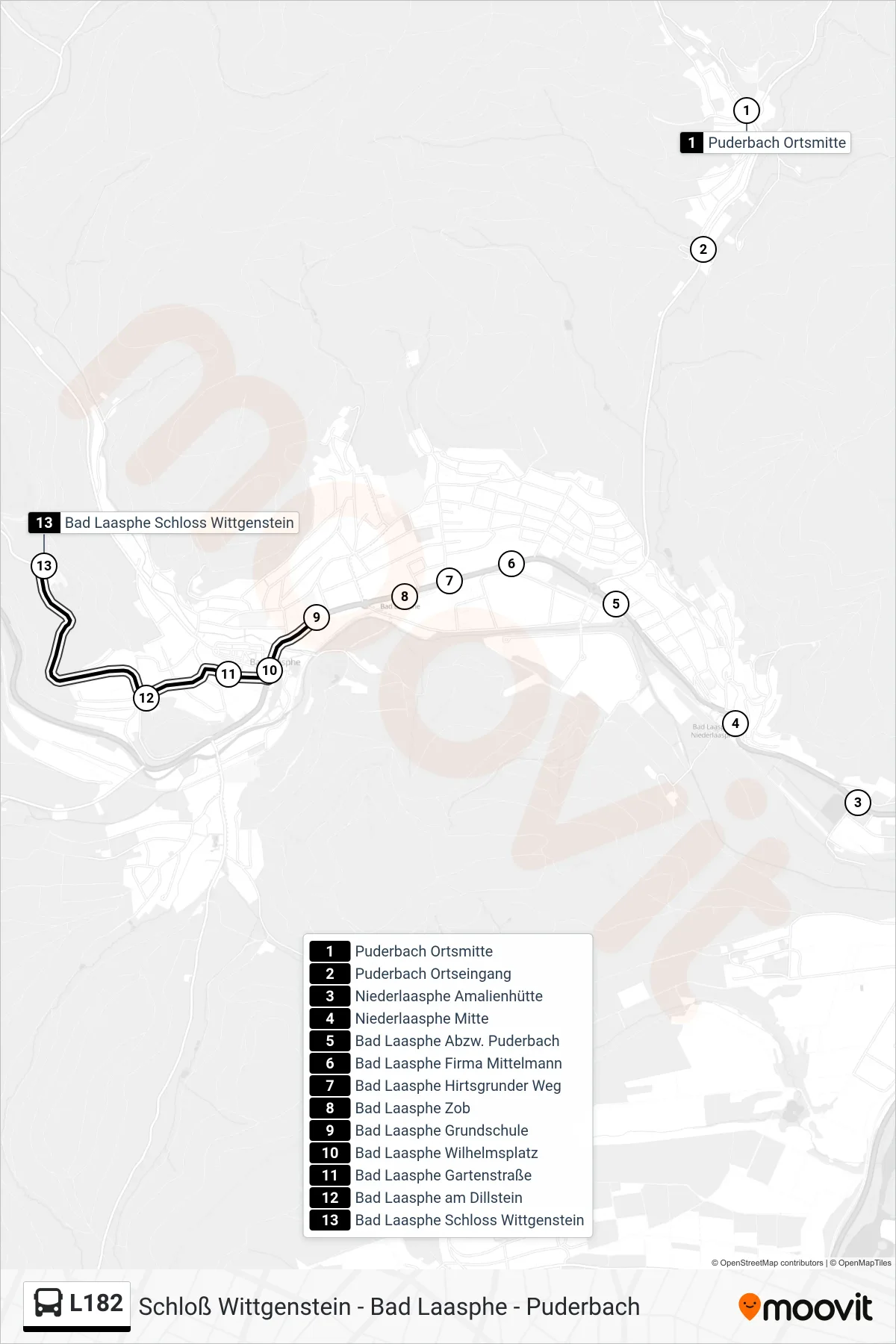 L182 bus Line (Bad Laasphe Schloss Wittgenstein) route and stops on a map