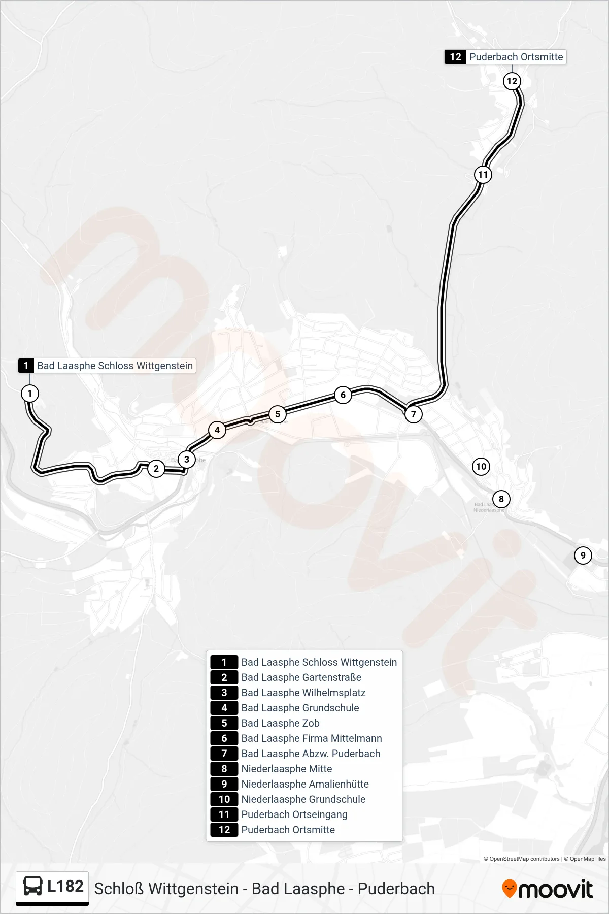 L182 bus Line (Puderbach Ortsmitte) route and stops on a map