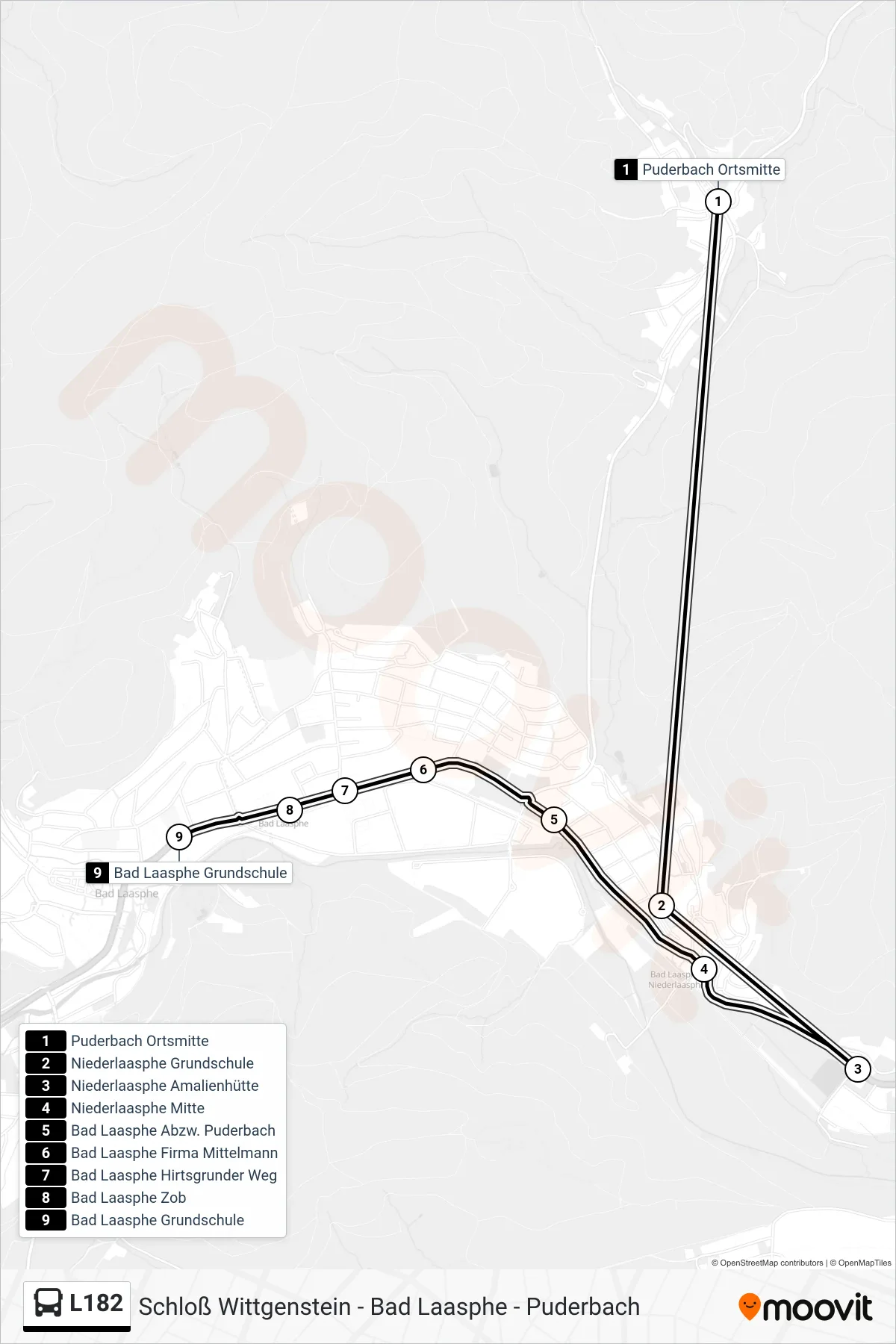 L182 bus Line (Bad Laasphe Grundschule) route and stops on a map
