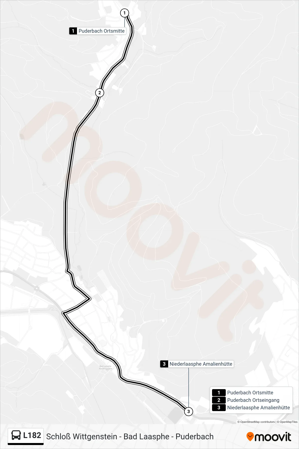 L182 bus Line (Niederlaasphe Amalienhütte) route and stops on a map
