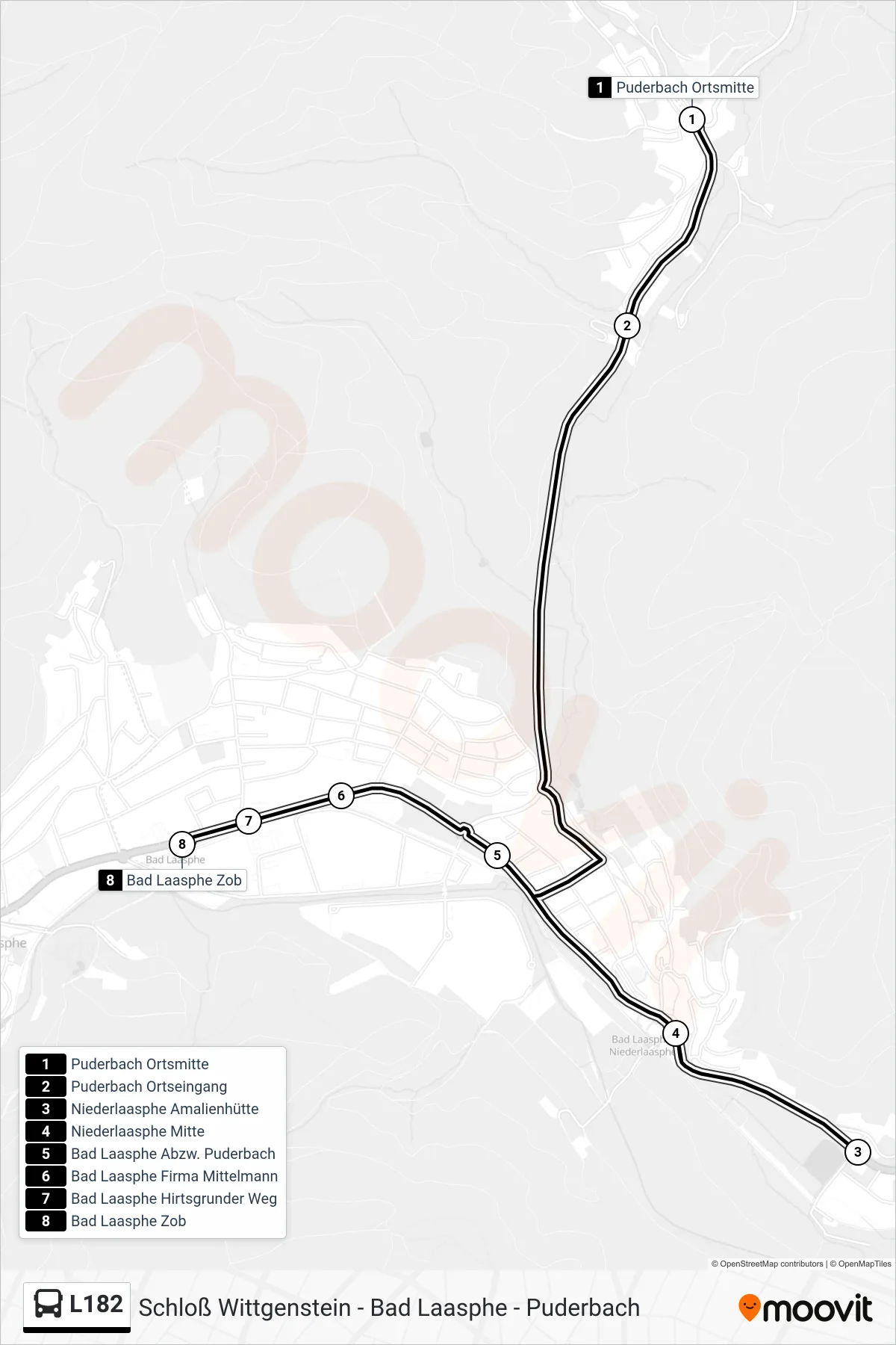 L182 bus Line (Bad Laasphe Zob Bstg 3) route and stops on a map