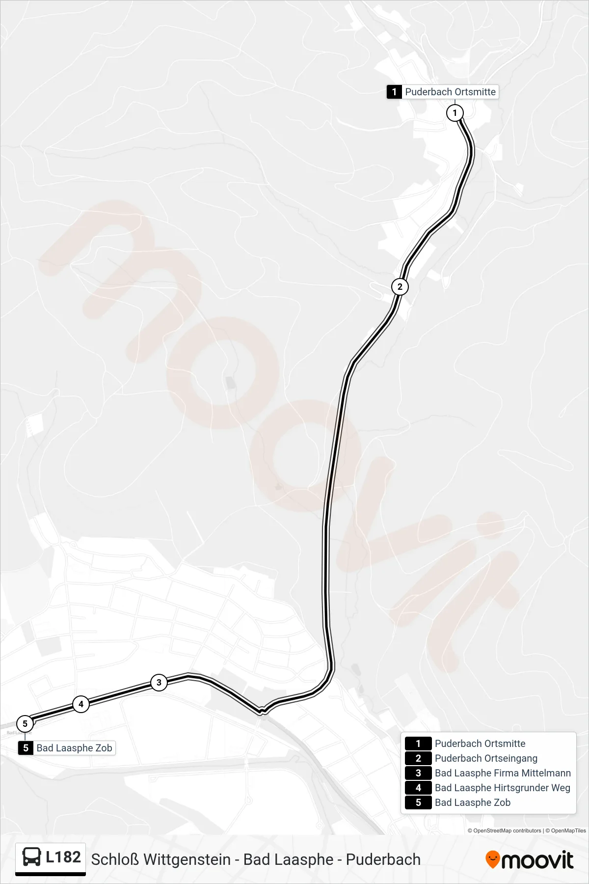 L182 bus Line (Bad Laasphe Zob Bstg 5) route and stops on a map