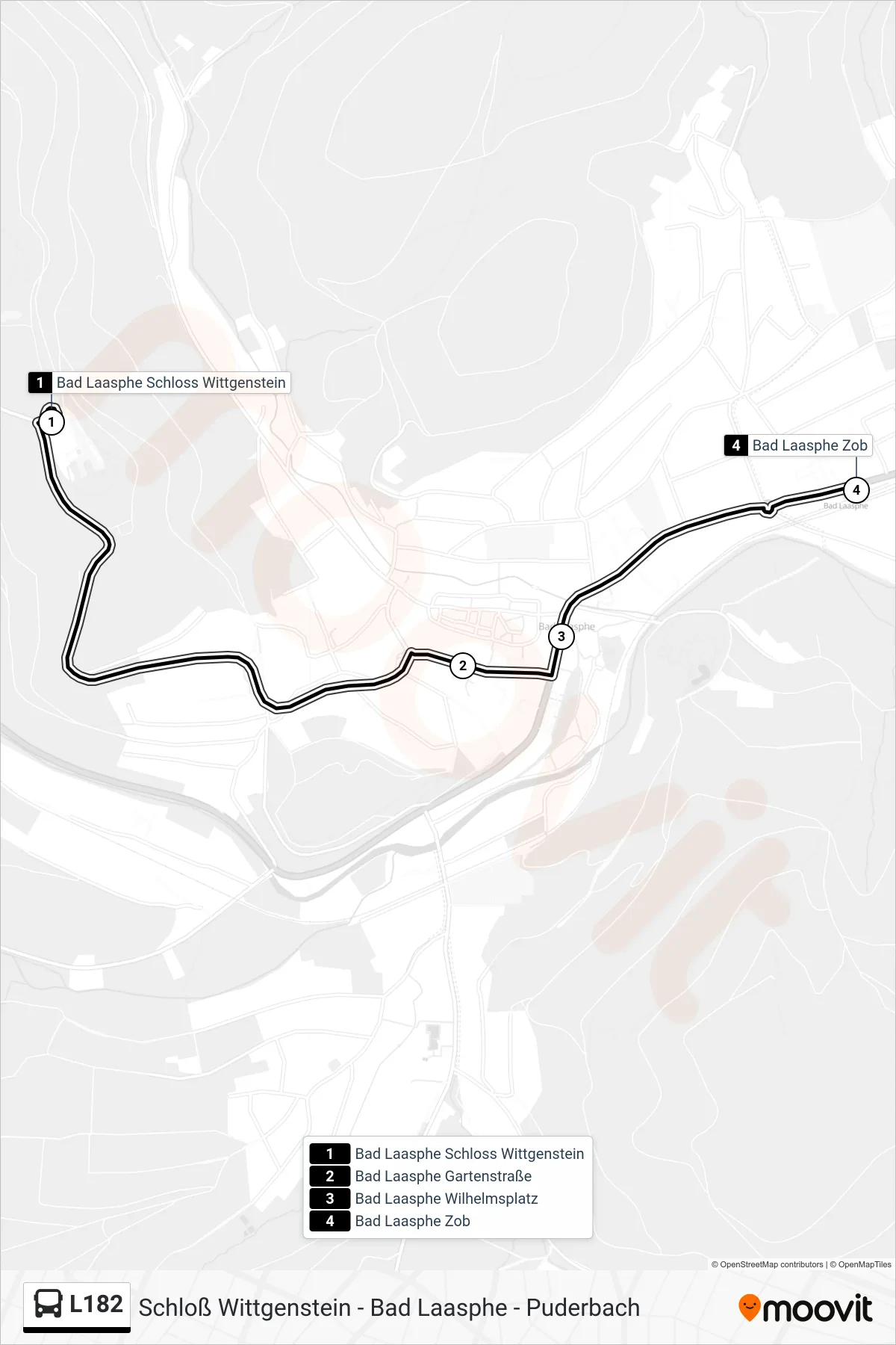 L182 bus Line (Bad Laasphe Zob Bstg 5) route and stops on a map