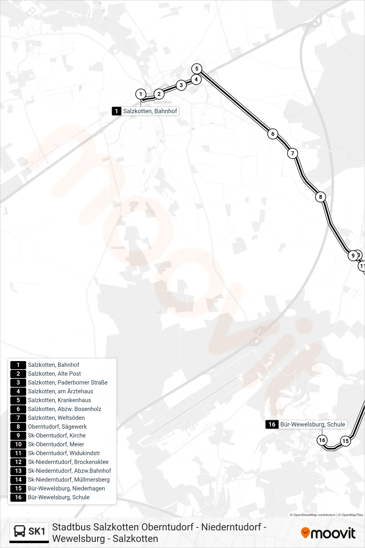 SK1 bus Line (Bür-Wewelsburg, Schule) route and stops on a map