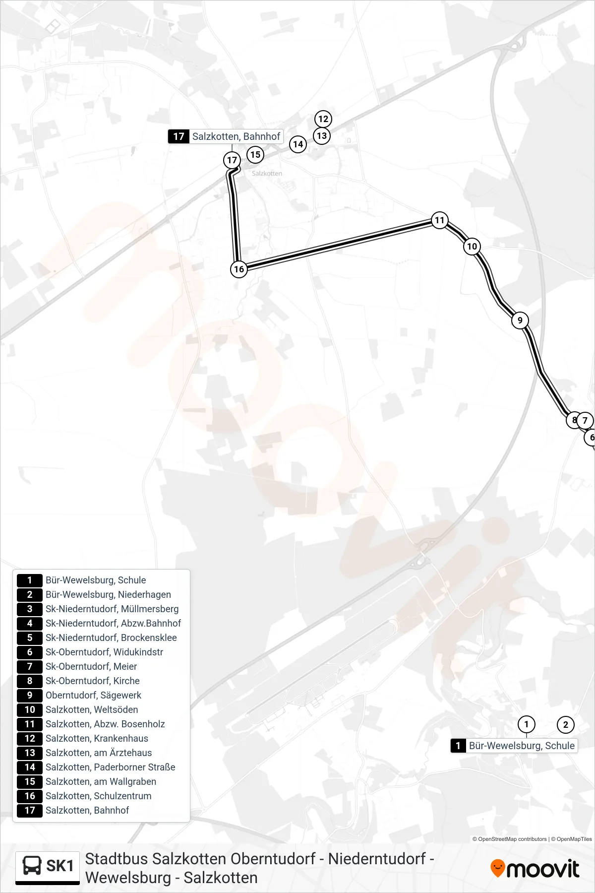SK1 bus Line (Salzkotten, Bahnhof) route and stops on a map