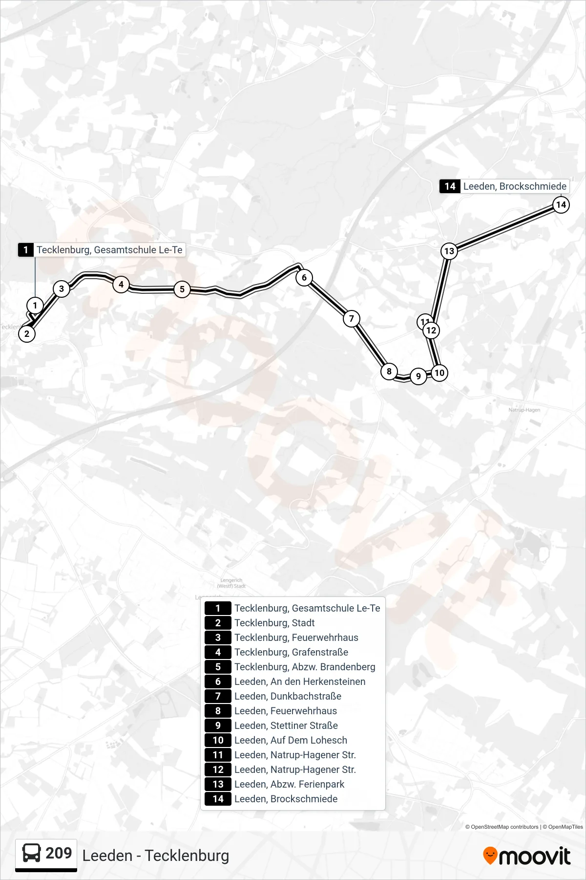 Linie 209 (Bus) Richtung Leeden, Brockschmiede: Route und Haltestellen auf der Karte
