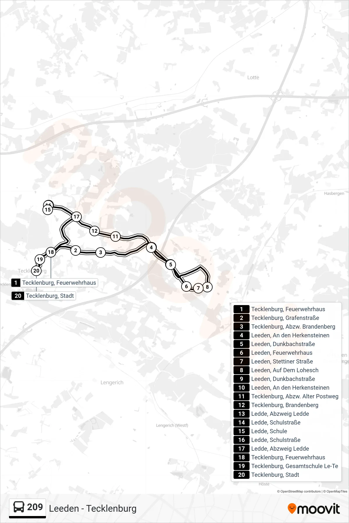 Linie 209 (Bus) Richtung Tecklenburg, Stadt: Route und Haltestellen auf der Karte