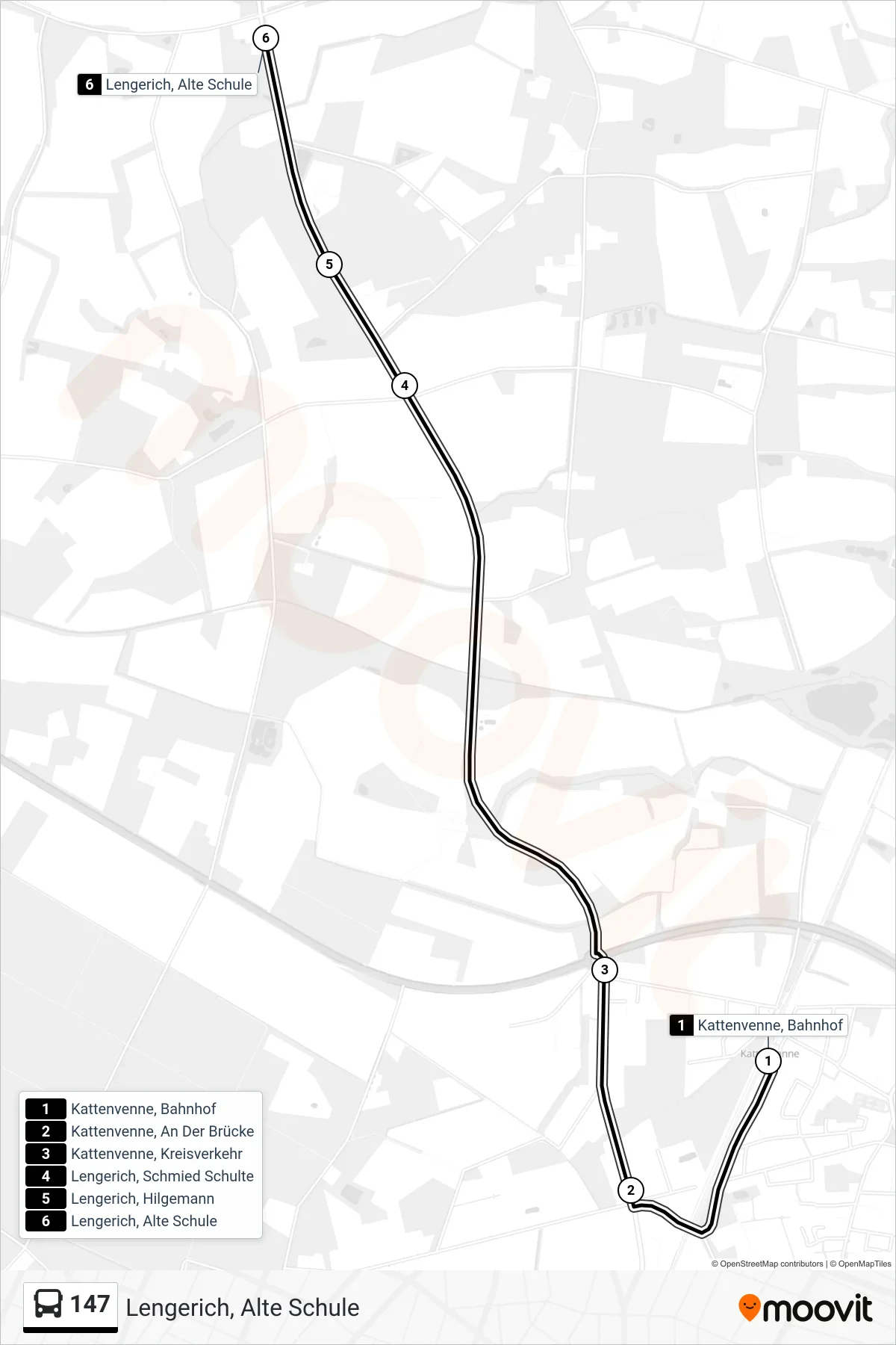 147 bus Line (Lengerich, Alte Schule) route and stops on a map