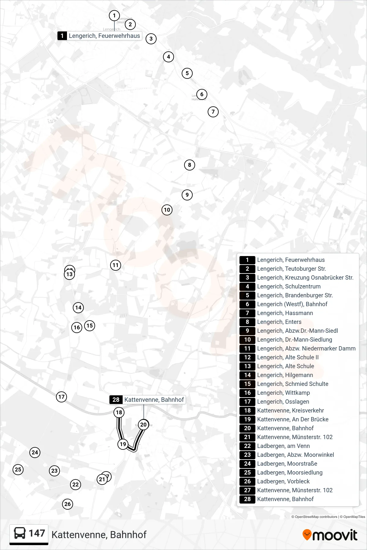 147 bus Line (Kattenvenne, Bahnhof) route and stops on a map