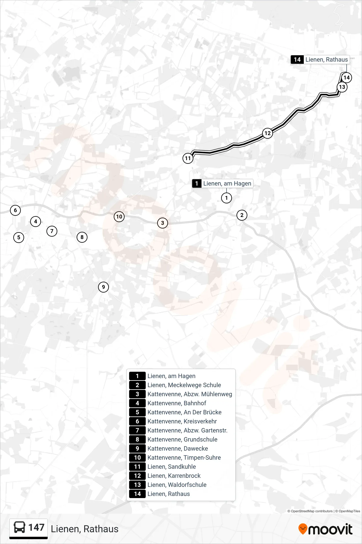 147 bus Line (Lienen, Rathaus) route and stops on a map