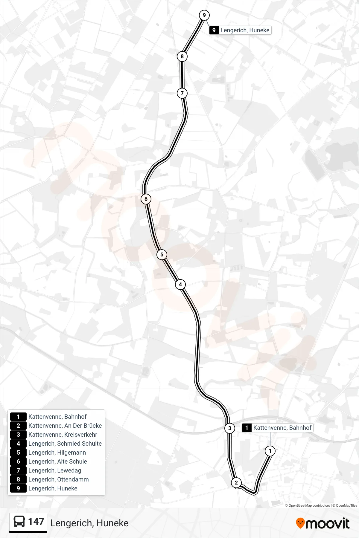 147 bus Line (Lengerich, Huneke) route and stops on a map
