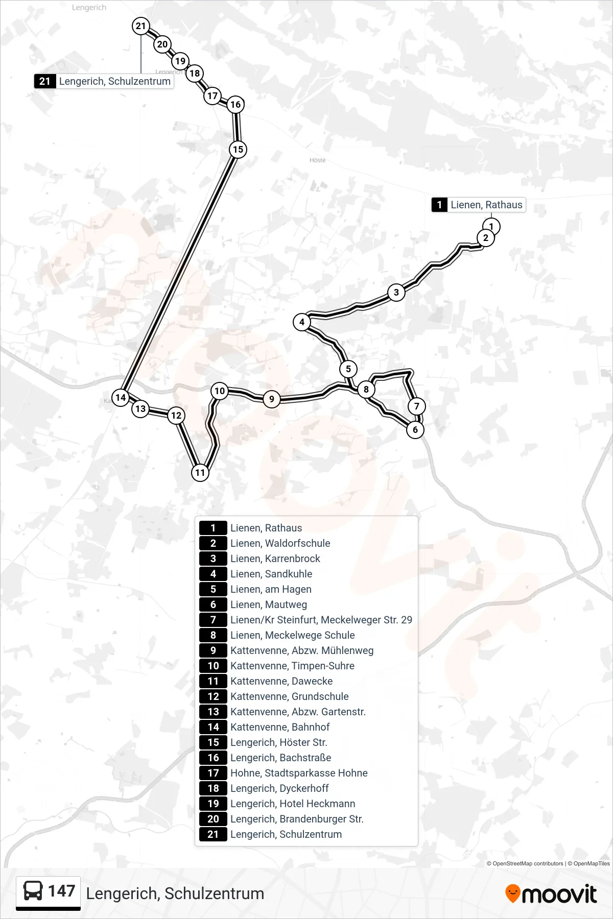 147 bus Line (Lengerich, Schulzentrum) route and stops on a map