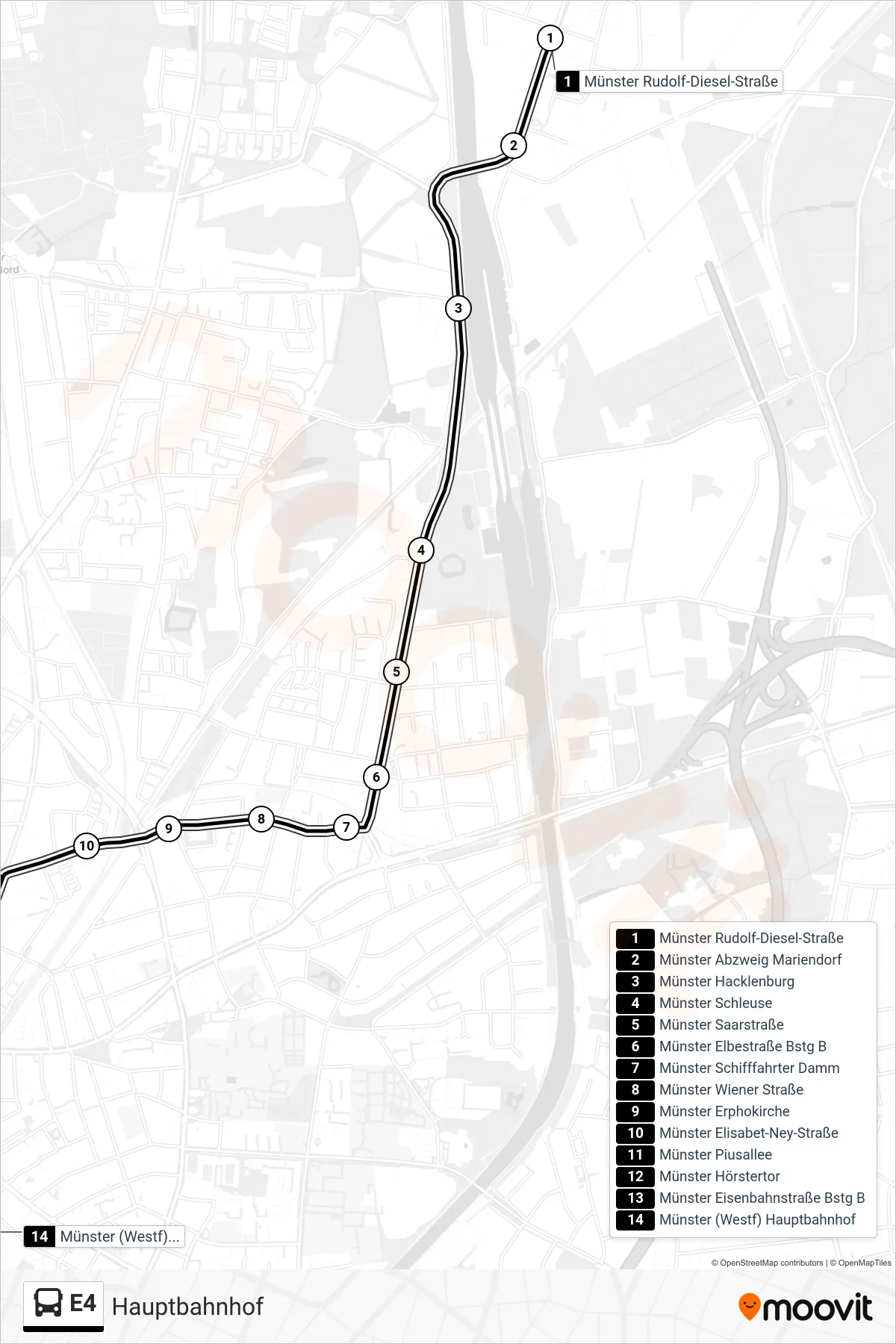 Linie E4 (Bus) Richtung Hauptbahnhof: Route und Haltestellen auf der Karte