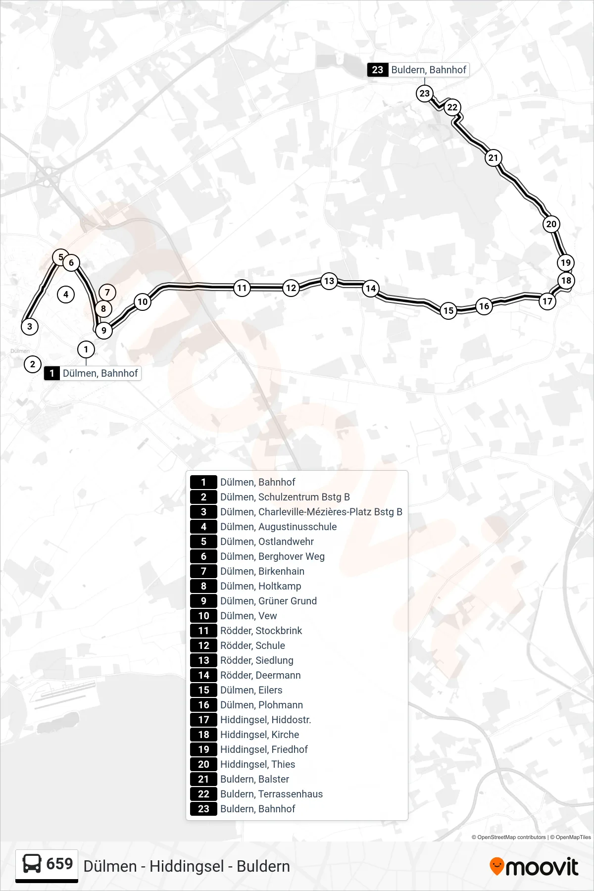 659 bus Line (Buldern, Bahnhof) route and stops on a map