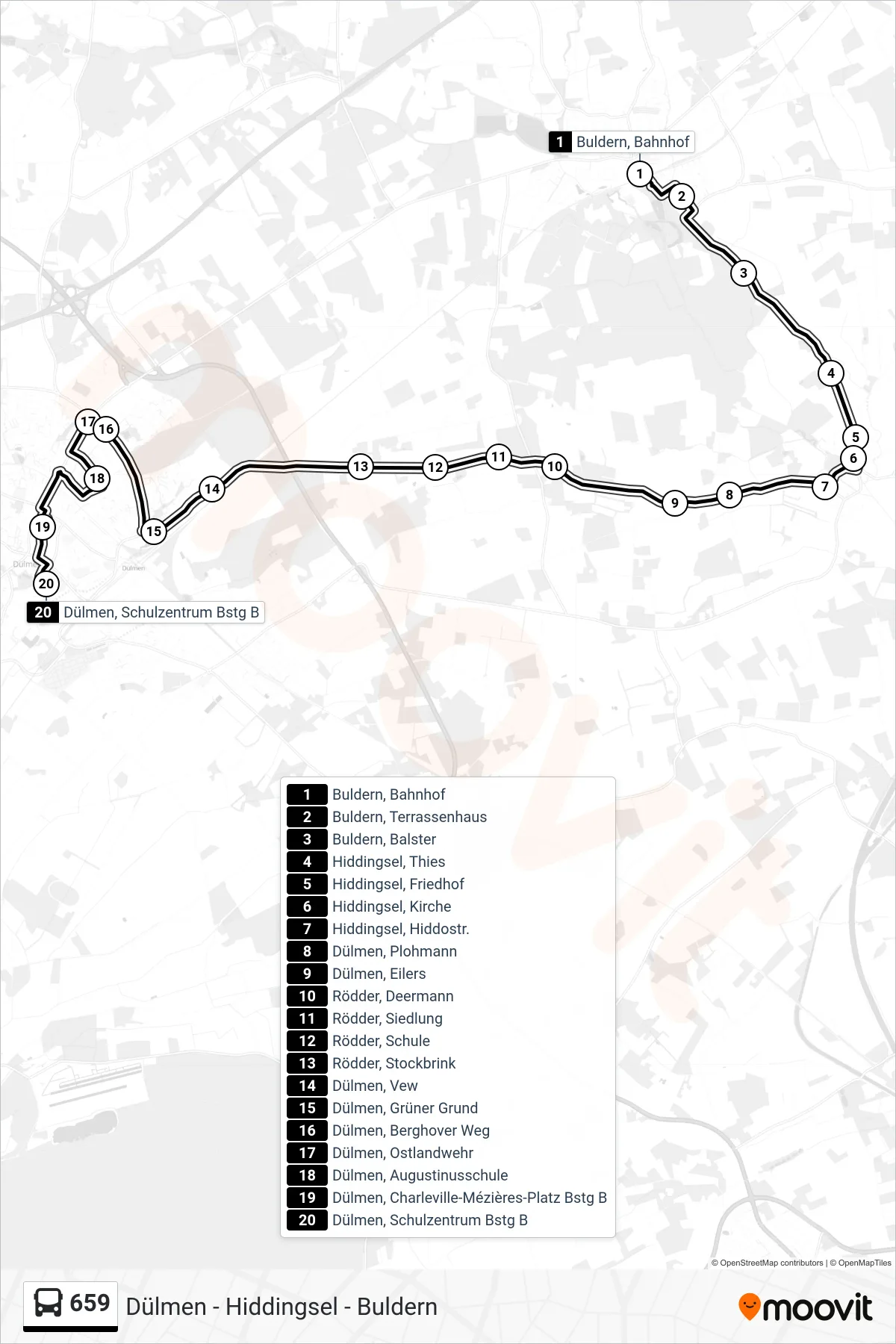 659 bus Line (Dülmen, Schulzentrum Bstg B) route and stops on a map