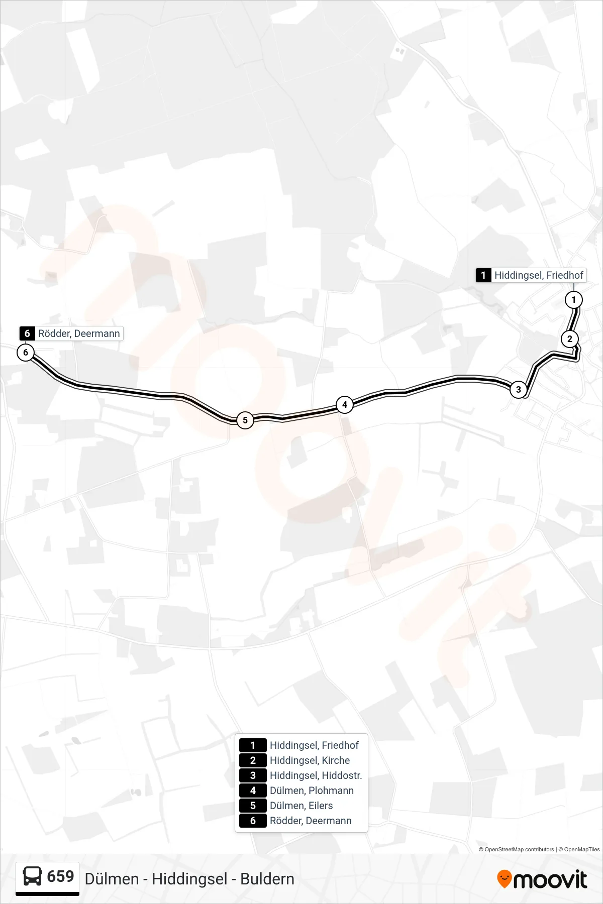 659 bus Line (Rödder, Deermann) route and stops on a map