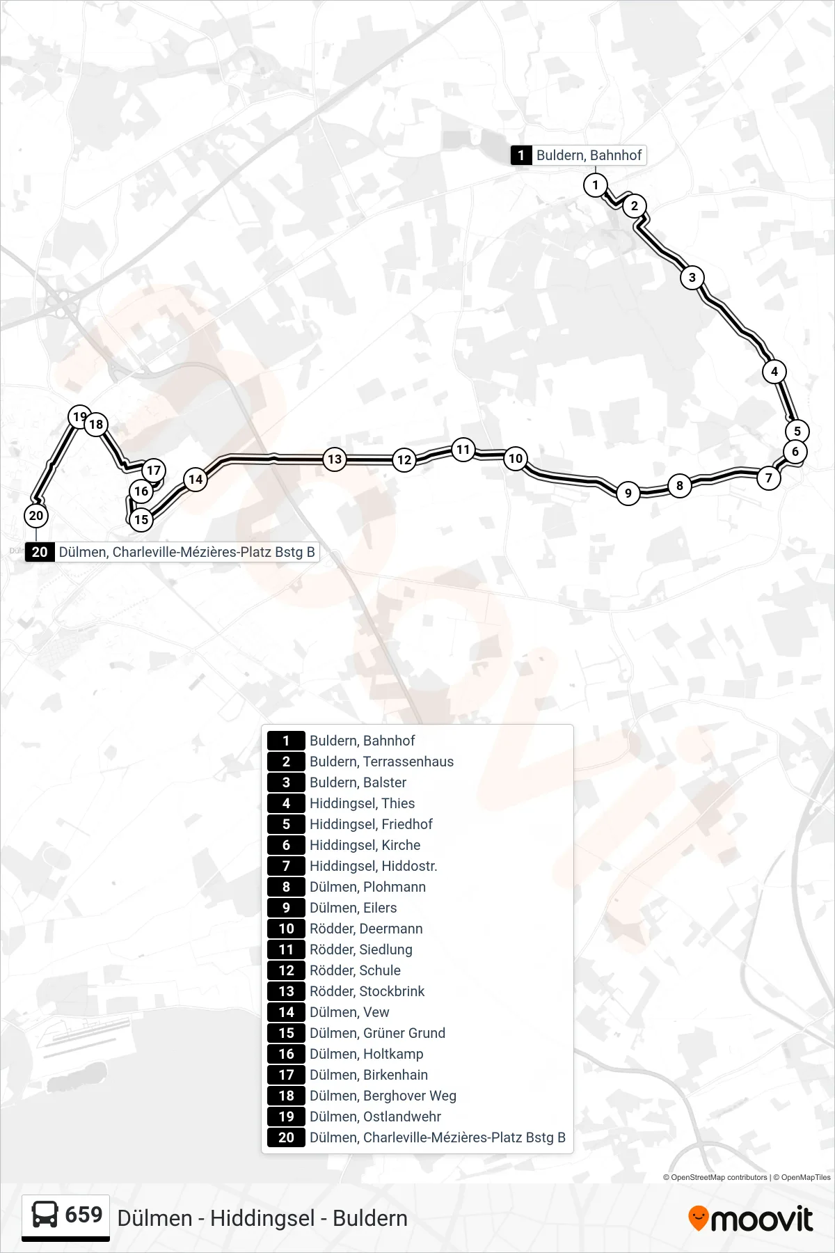 Linie 659 (Bus) Richtung Dülmen, Charleville-Mézières-Platz Bstg B: Route und Haltestellen auf der Karte