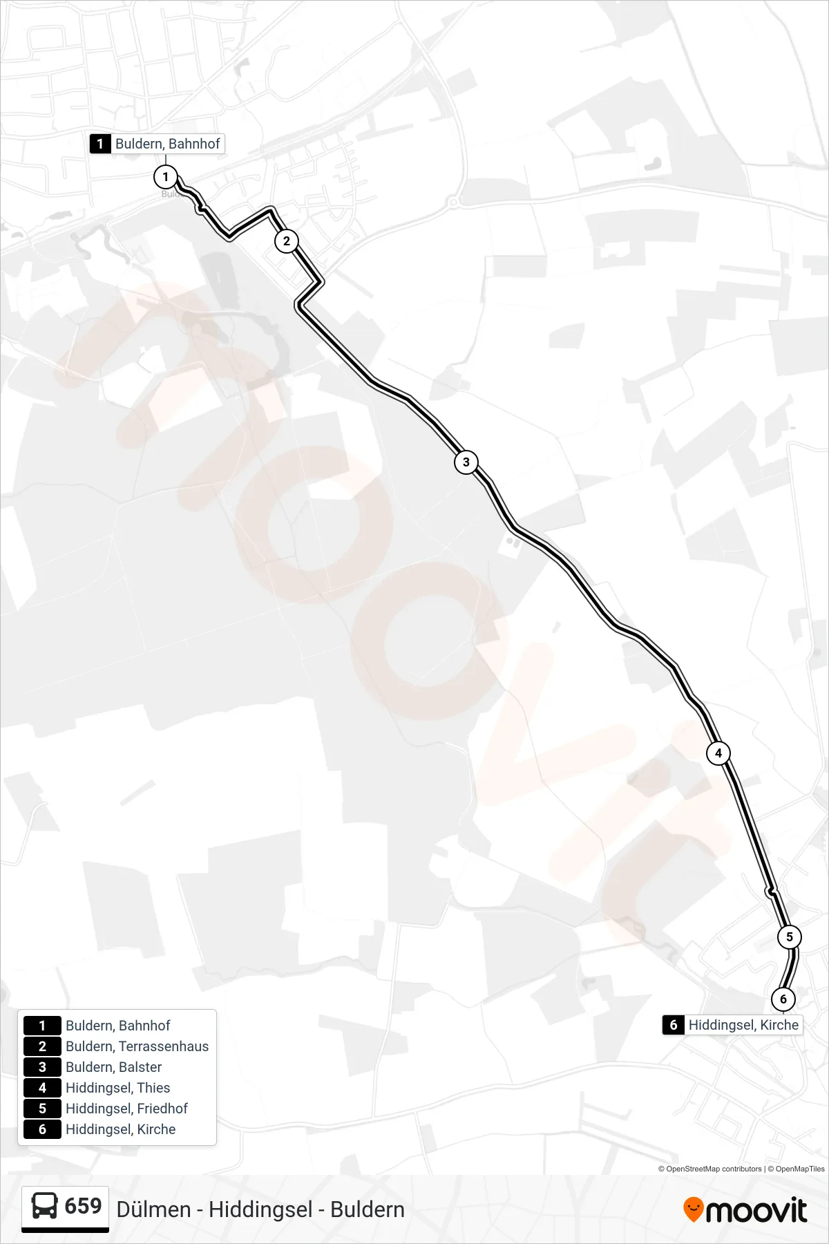 659 bus Line (Hiddingsel, Kirche) route and stops on a map