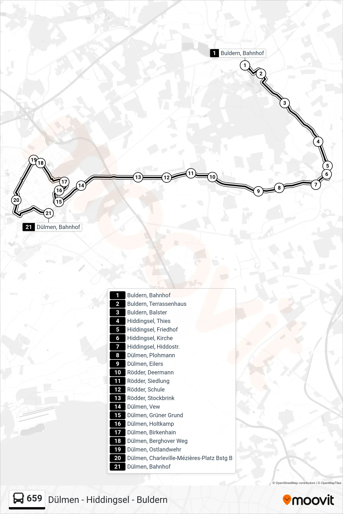 659 bus Line (Dülmen, Bahnhof) route and stops on a map