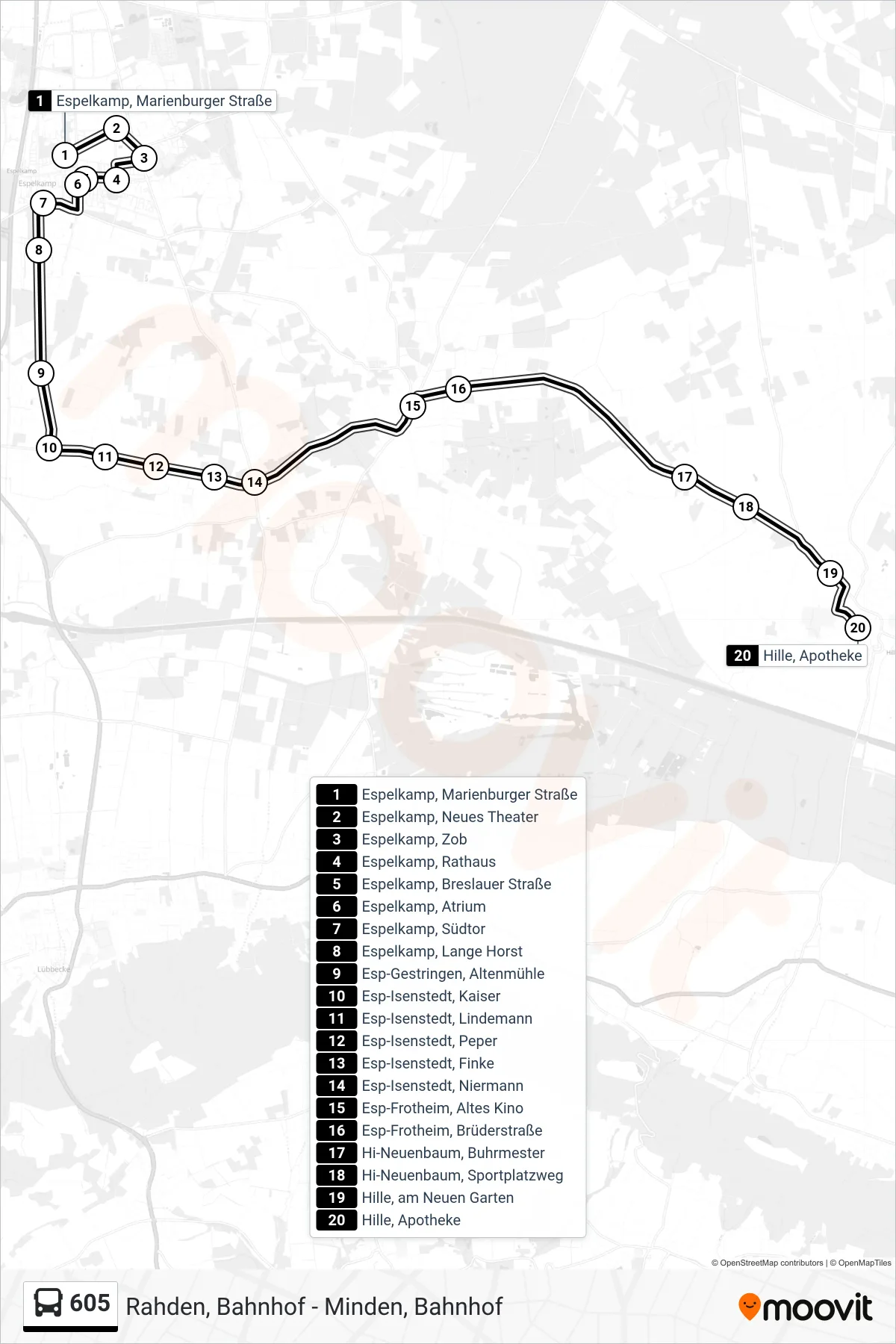605 bus Line (Hille Apotheke) route and stops on a map