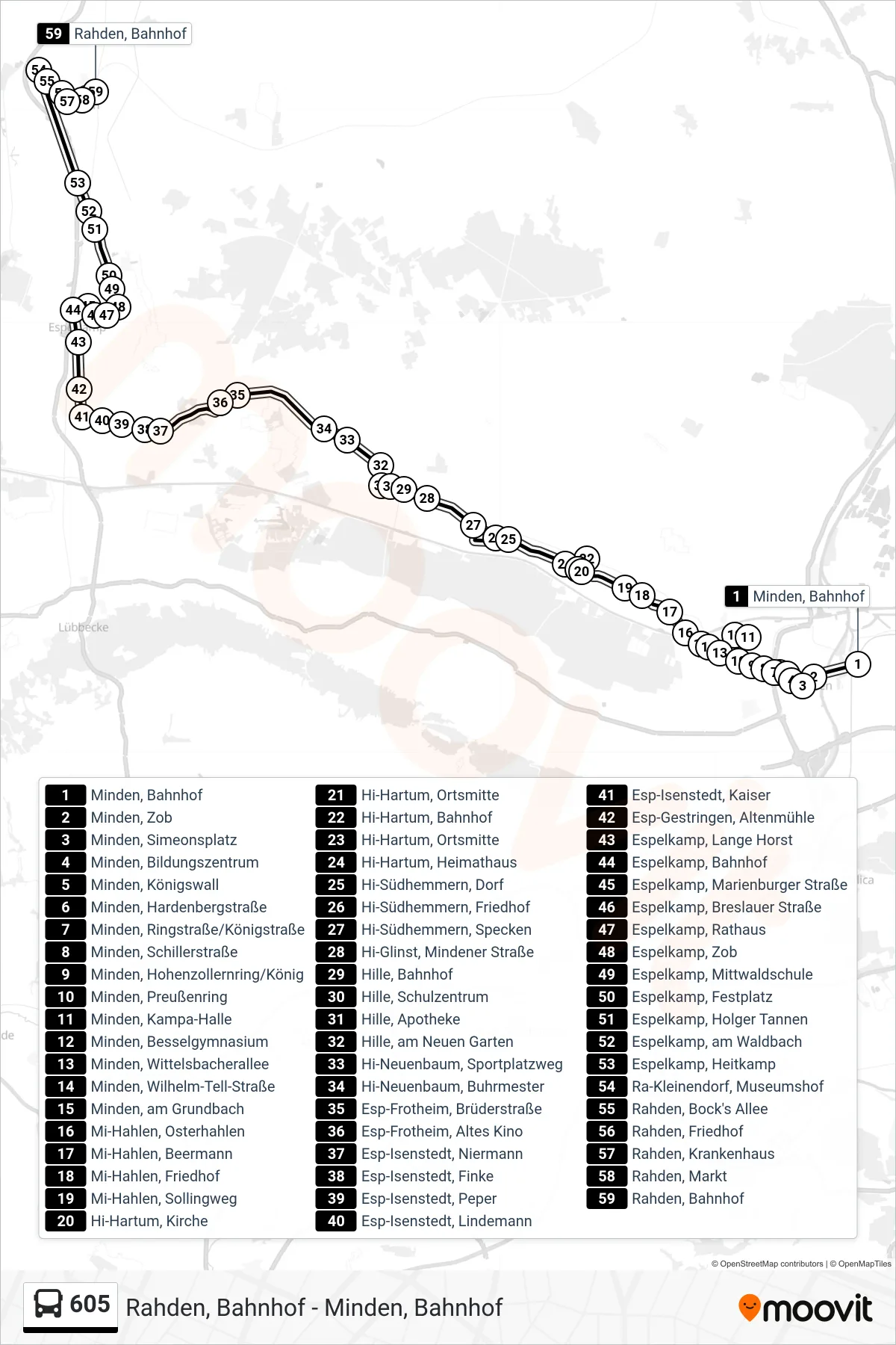 605 bus Line (Rahden Bahnhof) route and stops on a map