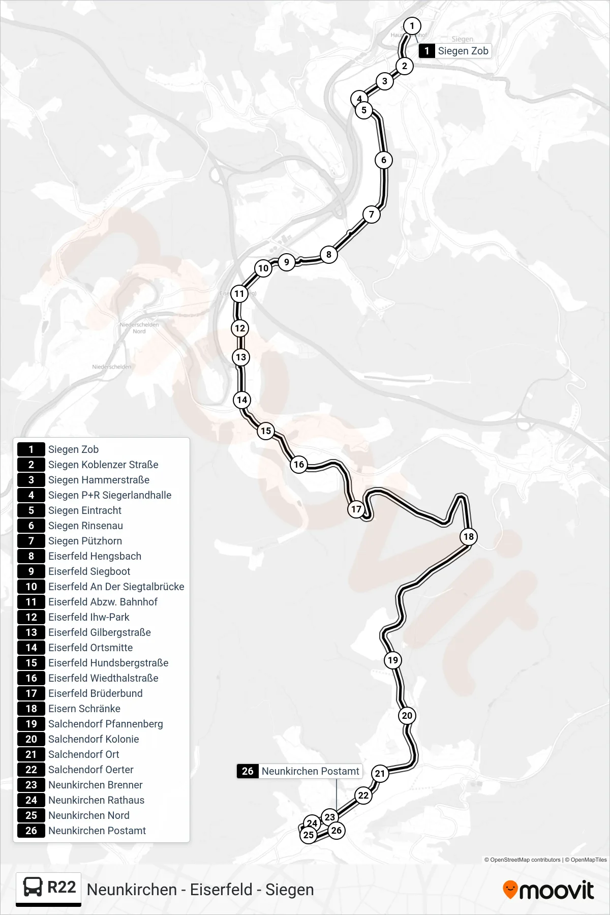 R22 bus Line (Neunkirchen Postamt) route and stops on a map