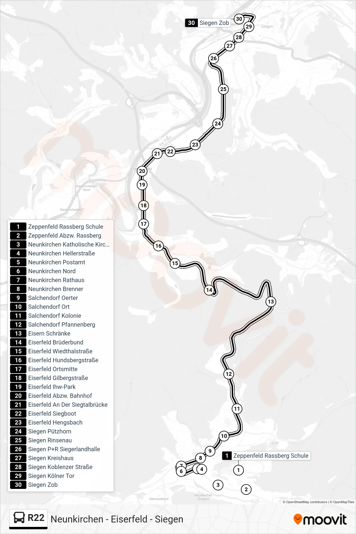 R22 bus Line (Siegen Zob Bstg A) route and stops on a map