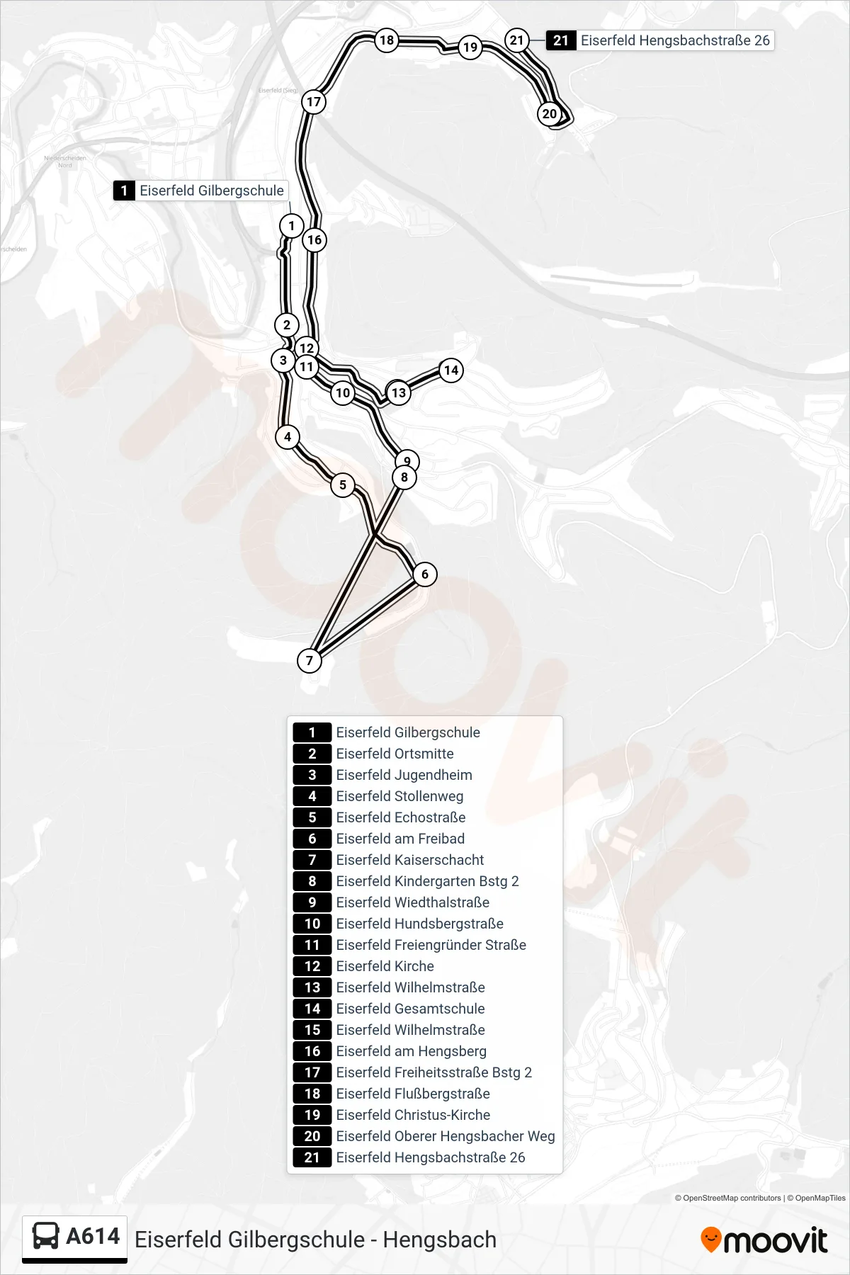 A614 bus Line (Eiserfeld Hengsbachstraße 26) route and stops on a map