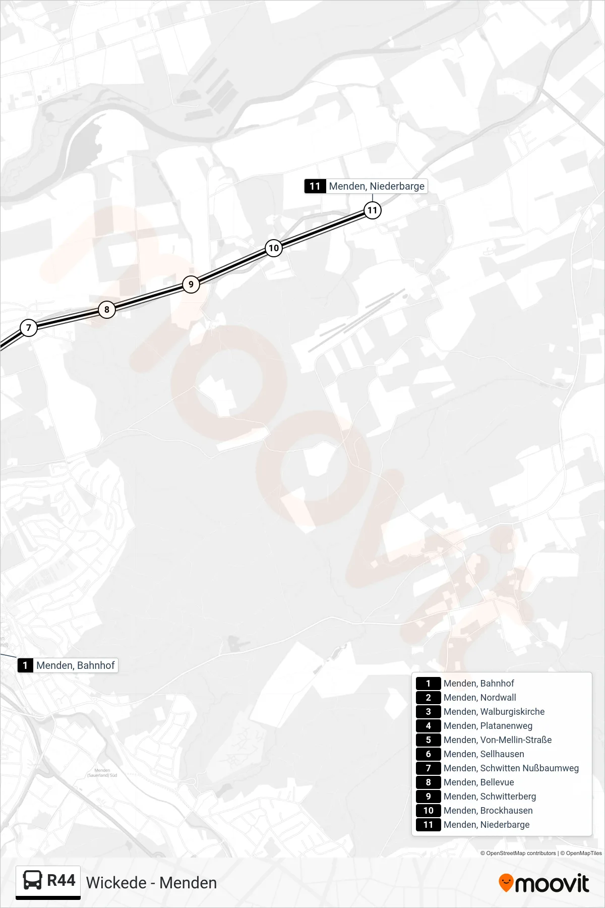 Linie R44 (Bus) Richtung Menden, Niederbarge: Route und Haltestellen auf der Karte