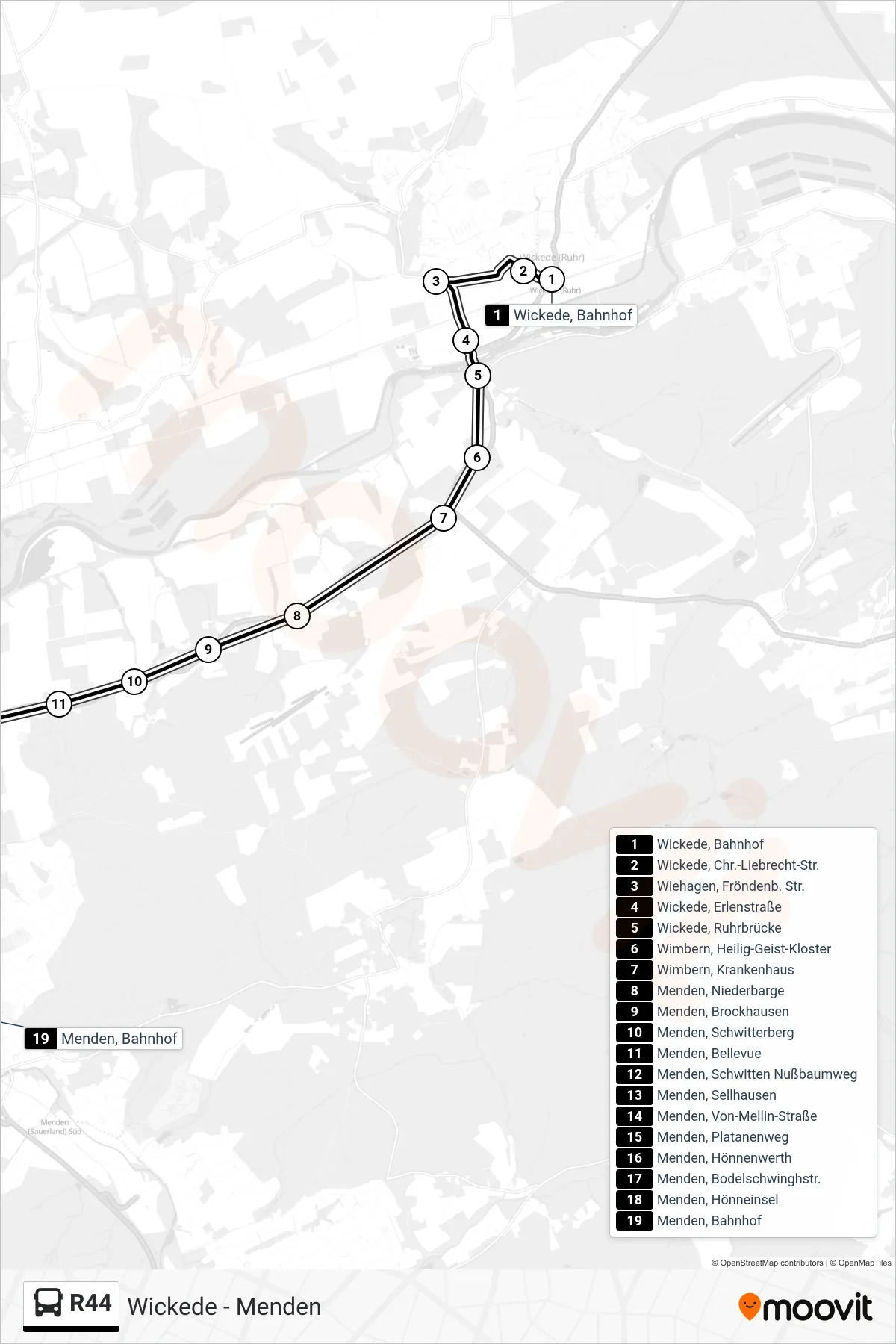 R44 bus Line (Menden, Bahnhof) route and stops on a map