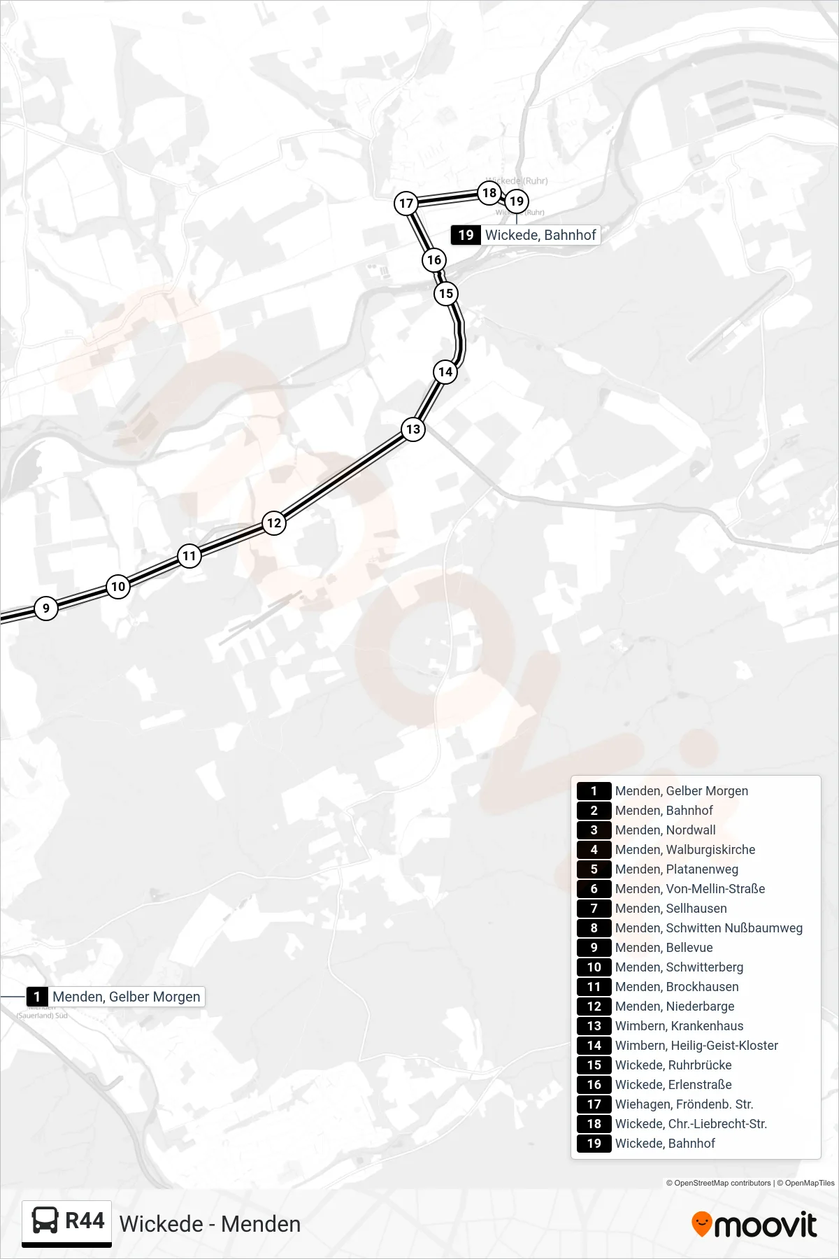 R44 bus Line (Wickede, Bahnhof) route and stops on a map