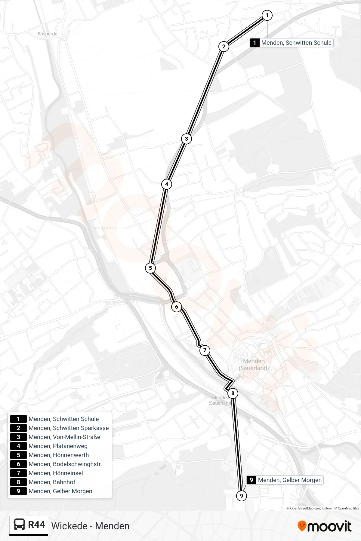 R44 bus Line (Menden, Gelber Morgen) route and stops on a map