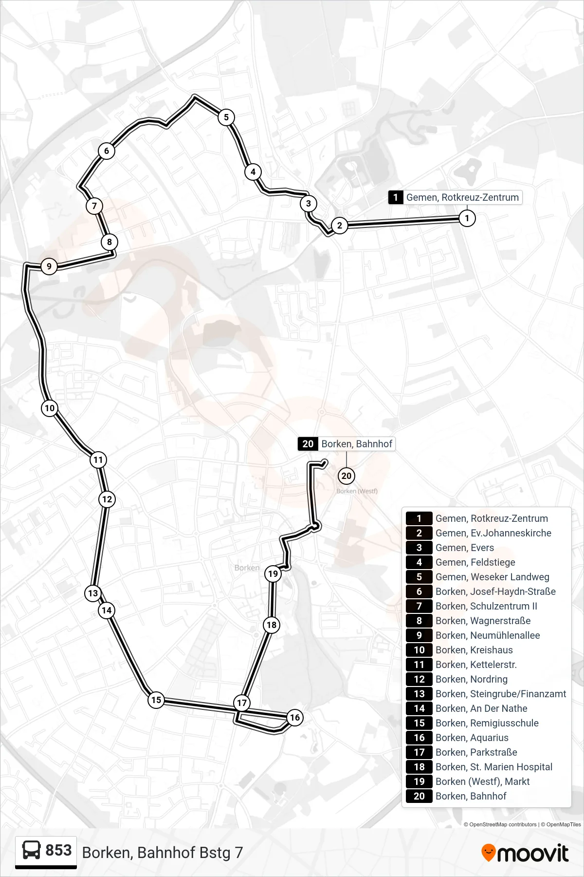 Linie 853 (Bus) Richtung Borken, Bahnhof Bstg 7: Route und Haltestellen auf der Karte