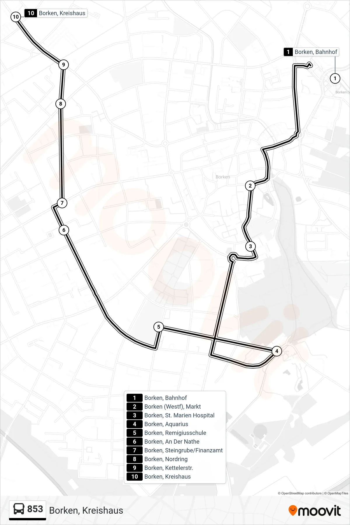 853 bus Line (Borken, Kreishaus) route and stops on a map