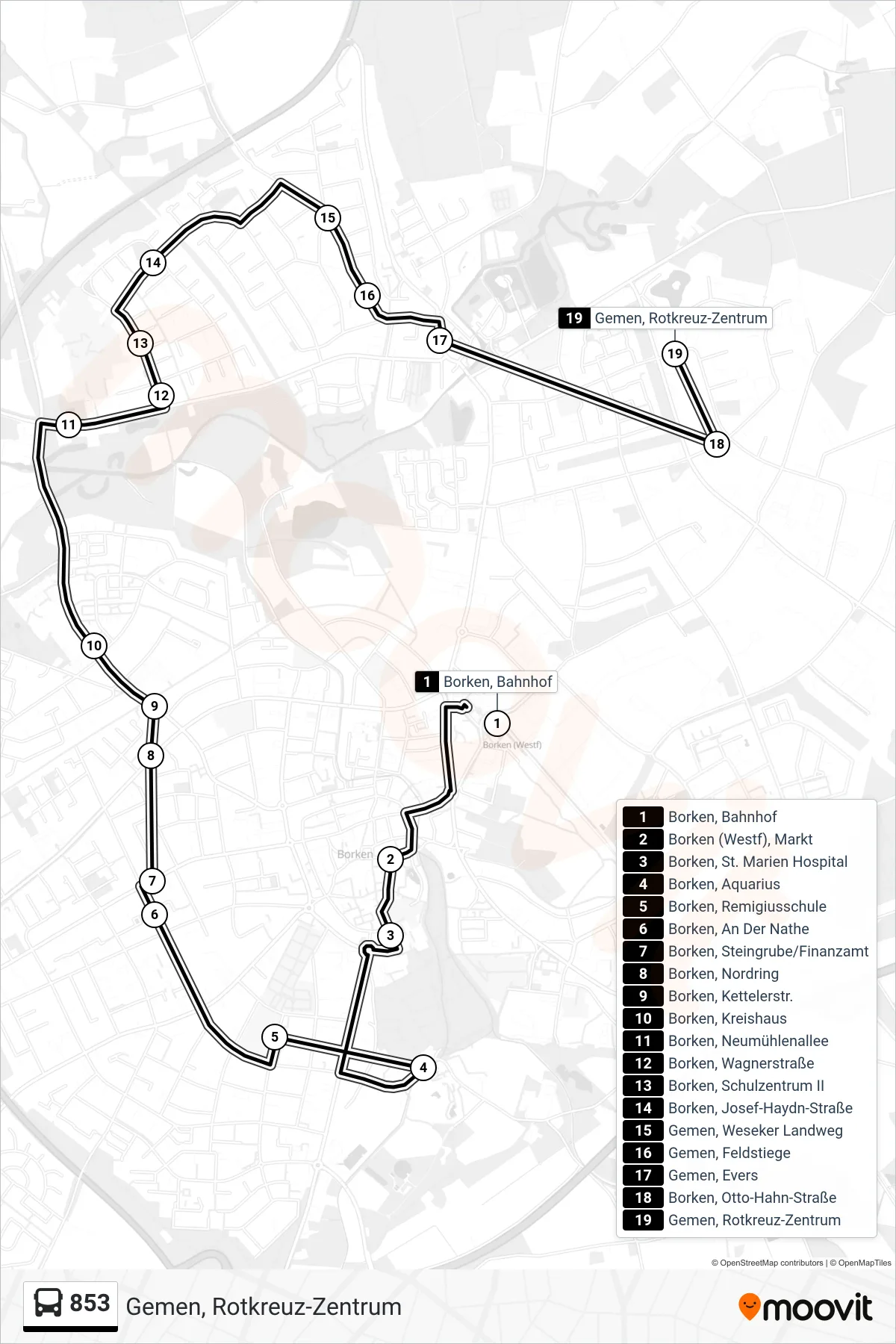 Linie 853 (Bus) Richtung Gemen, Rotkreuz-Zentrum: Route und Haltestellen auf der Karte