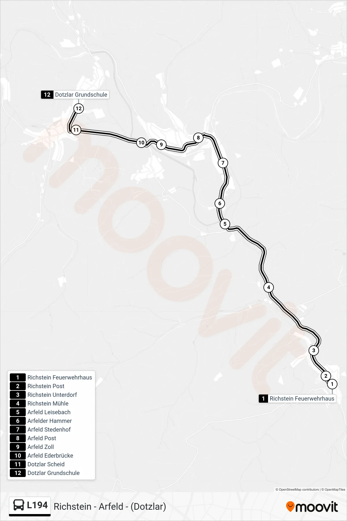 L194 bus Line (Dotzlar Grundschule) route and stops on a map