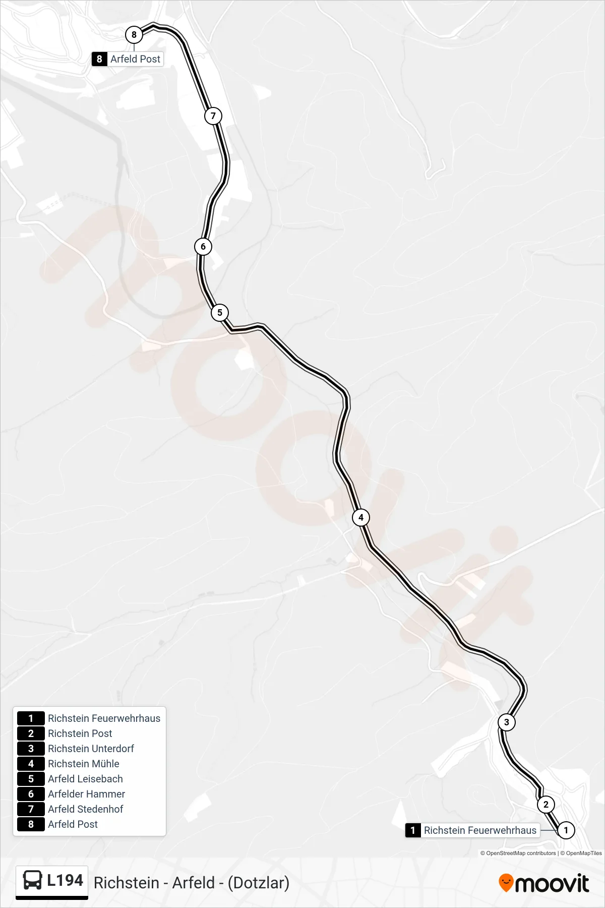 L194 bus Line (Arfeld Post) route and stops on a map