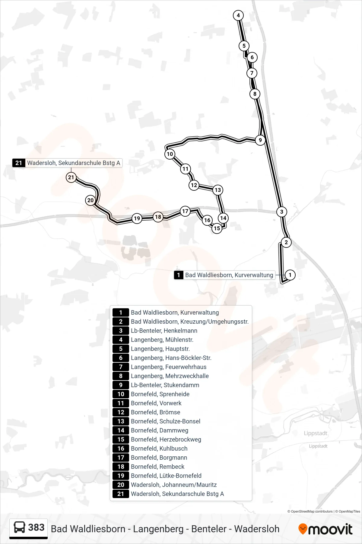 383 bus Line (Wadersloh, Sekundarschule Bstg A) route and stops on a map