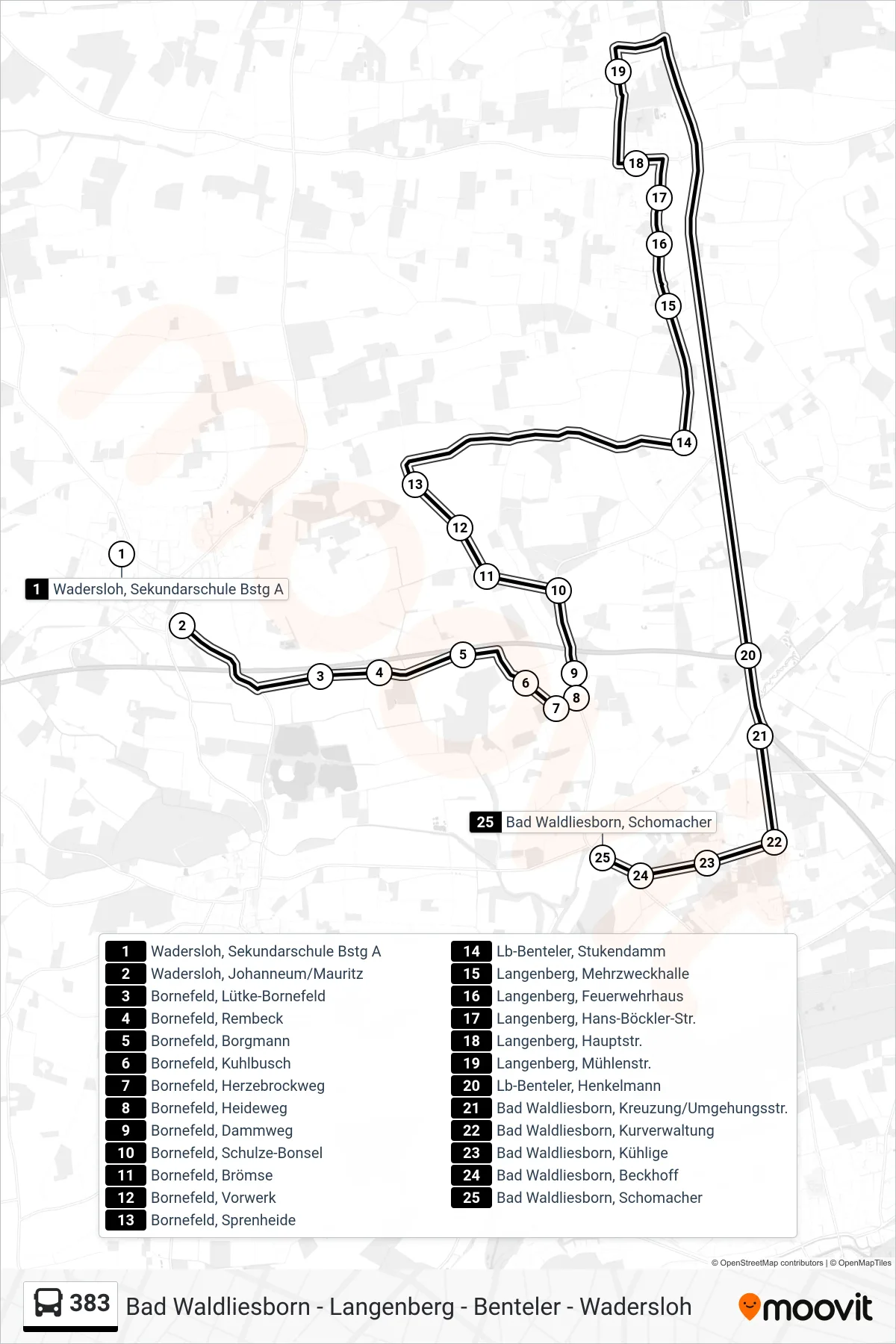 Linie 383 (Bus) Richtung Bad Waldliesborn, Schomacher: Route und Haltestellen auf der Karte