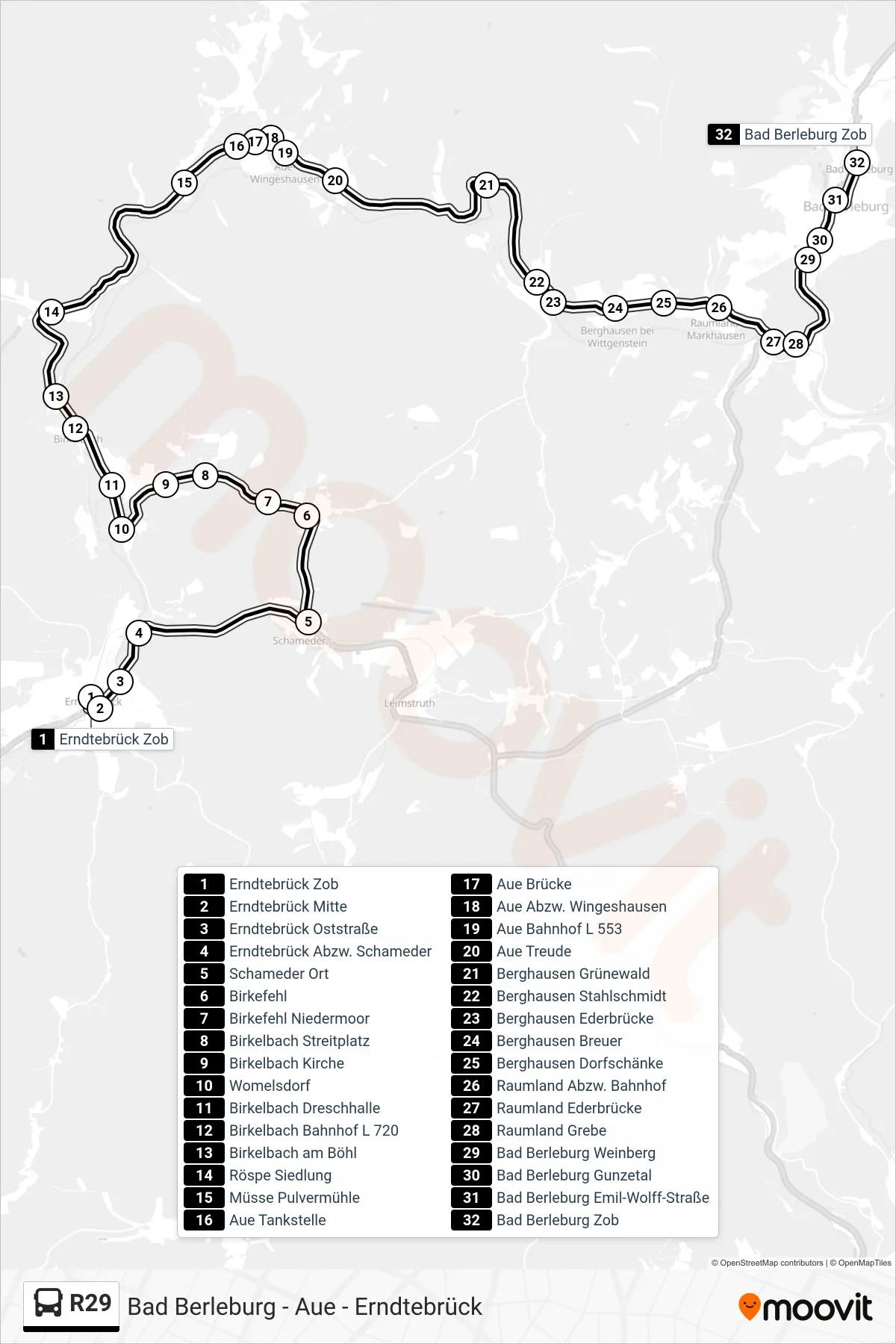 Linie R29 (Bus) Richtung Bad Berleburg Zob Bstg 3: Route und Haltestellen auf der Karte