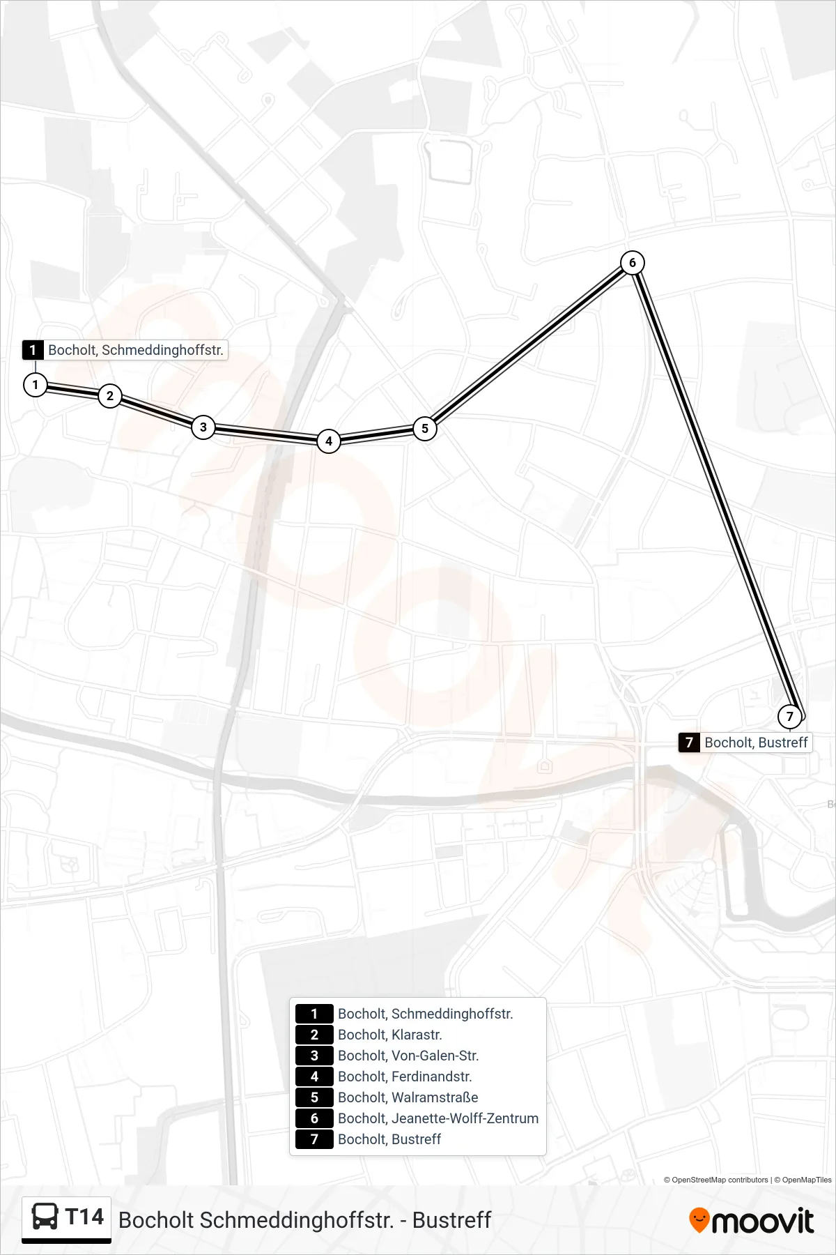 Linie T14 (Tram) Richtung Bustreff: Route und Haltestellen auf der Karte