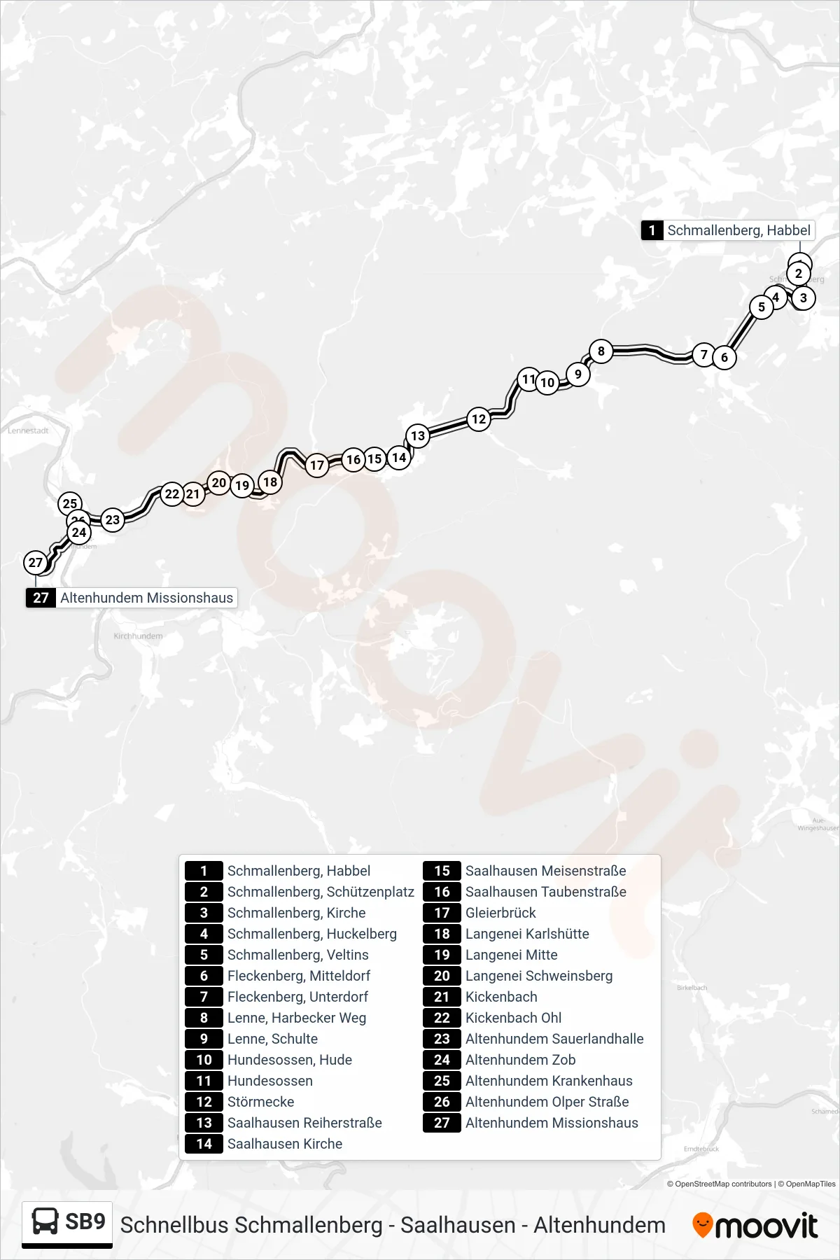 Linie SB9 (Bus) Richtung Altenhundem Missionshaus: Route und Haltestellen auf der Karte