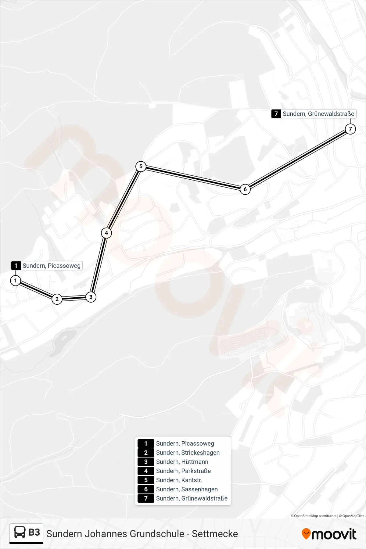 Linie B3 (Bus) Richtung Sundern, Grünewaldstraße: Route und Haltestellen auf der Karte
