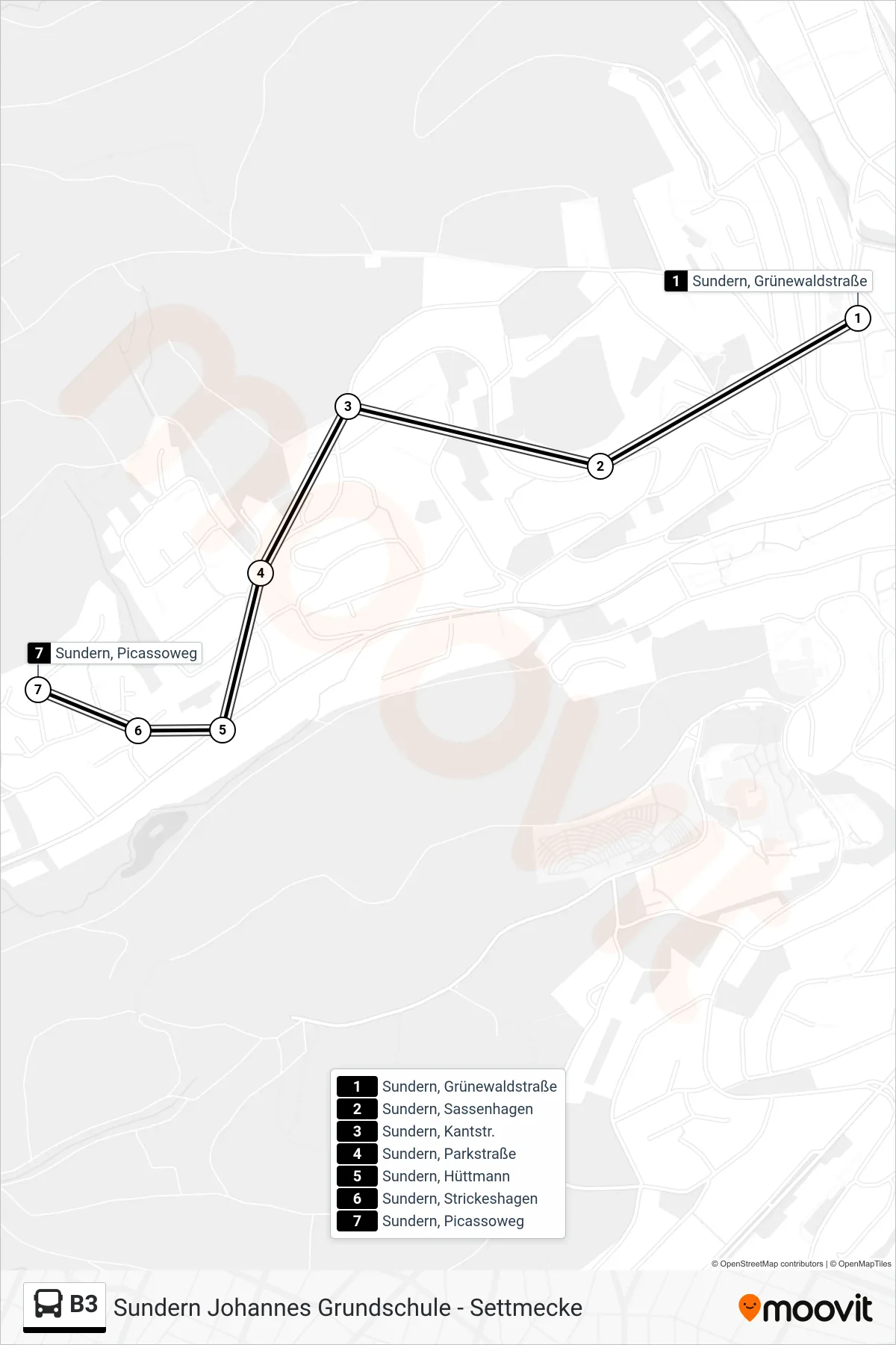 B3 bus Line (Sundern, Picassoweg) route and stops on a map